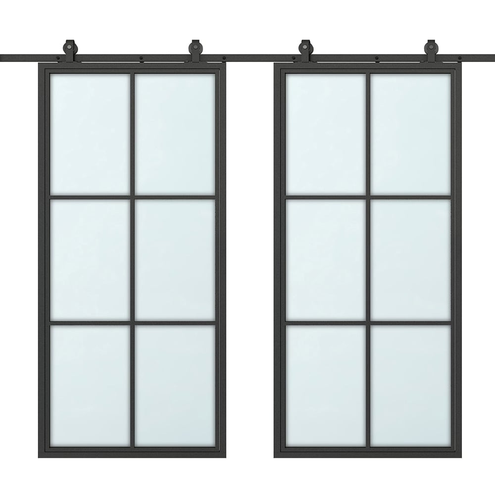 CALHOME LKM06-36-FR(2)+CN-MK 72-in x 84-in Frosted Glass Black Frosted glass Glass Solid core Double Barn Door (Hardware Included)