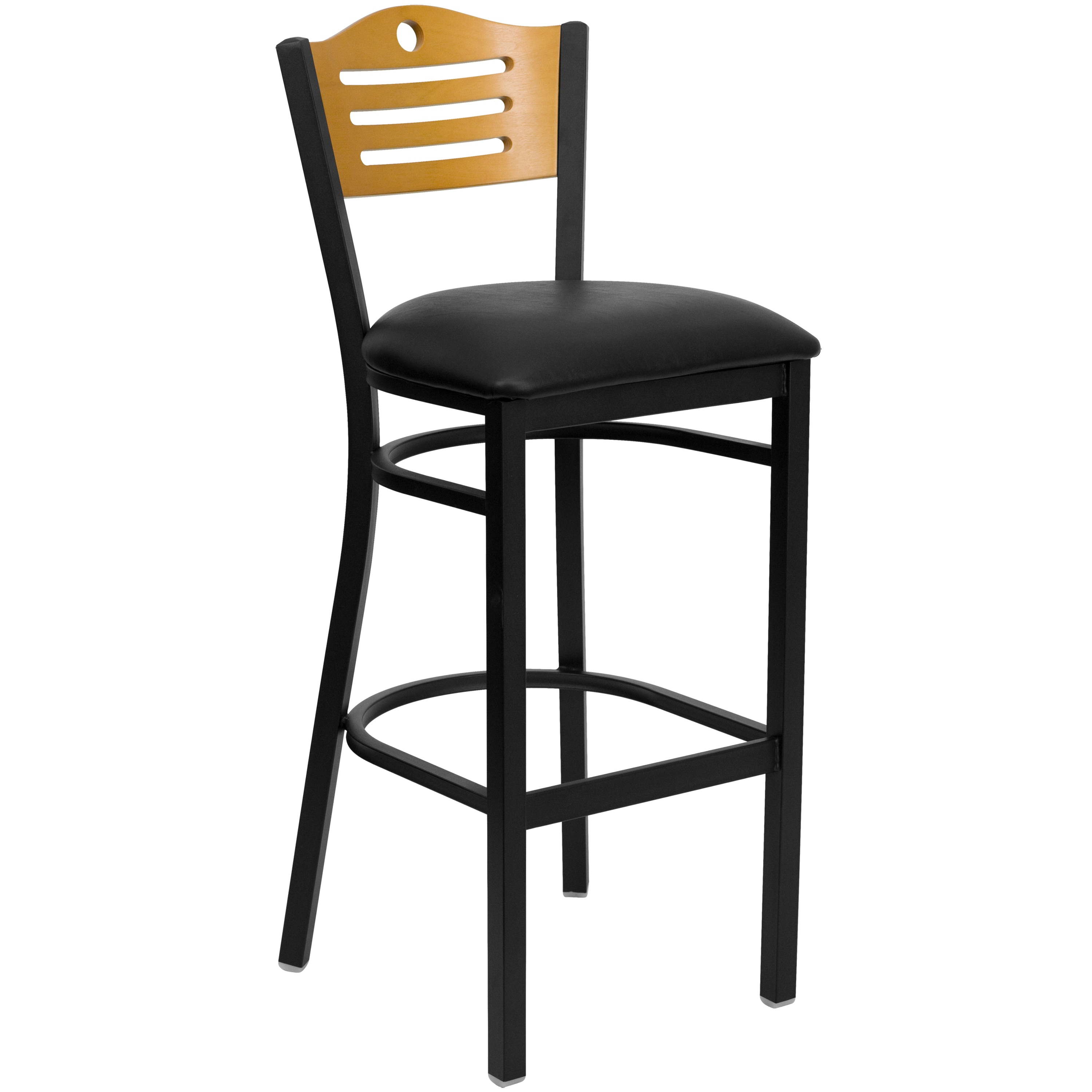 Flash Furniture 812581017304 Natural Wood Back/Black Vinyl Seat/Black Metal Frame 32.0-Inches H Bar height Square seat Upholstered Metal Bar Stool and Back