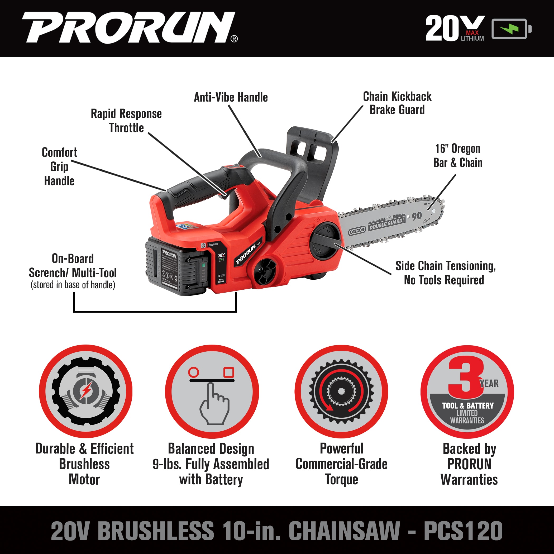 PRORUN PCS120 20-volt Max 12-in Brushless Battery 4 Ah Chainsaw (Battery and Charger Included) PCS120 Sansujyuku sansujyuku.com