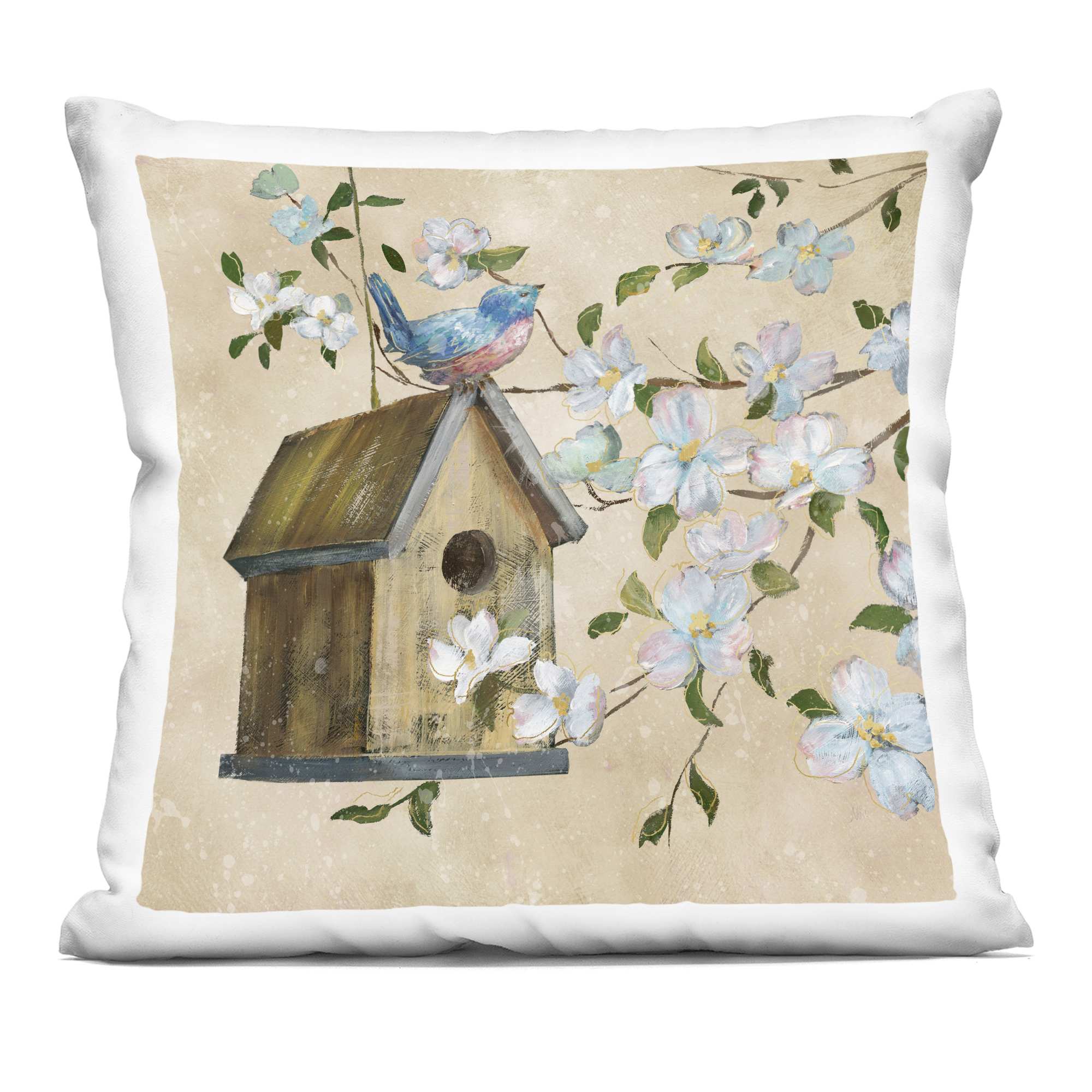 Stupell Industries  Evening Song Birdhouse over Beige Decorative Printed Throw Pillow design by Nan 18 x 18