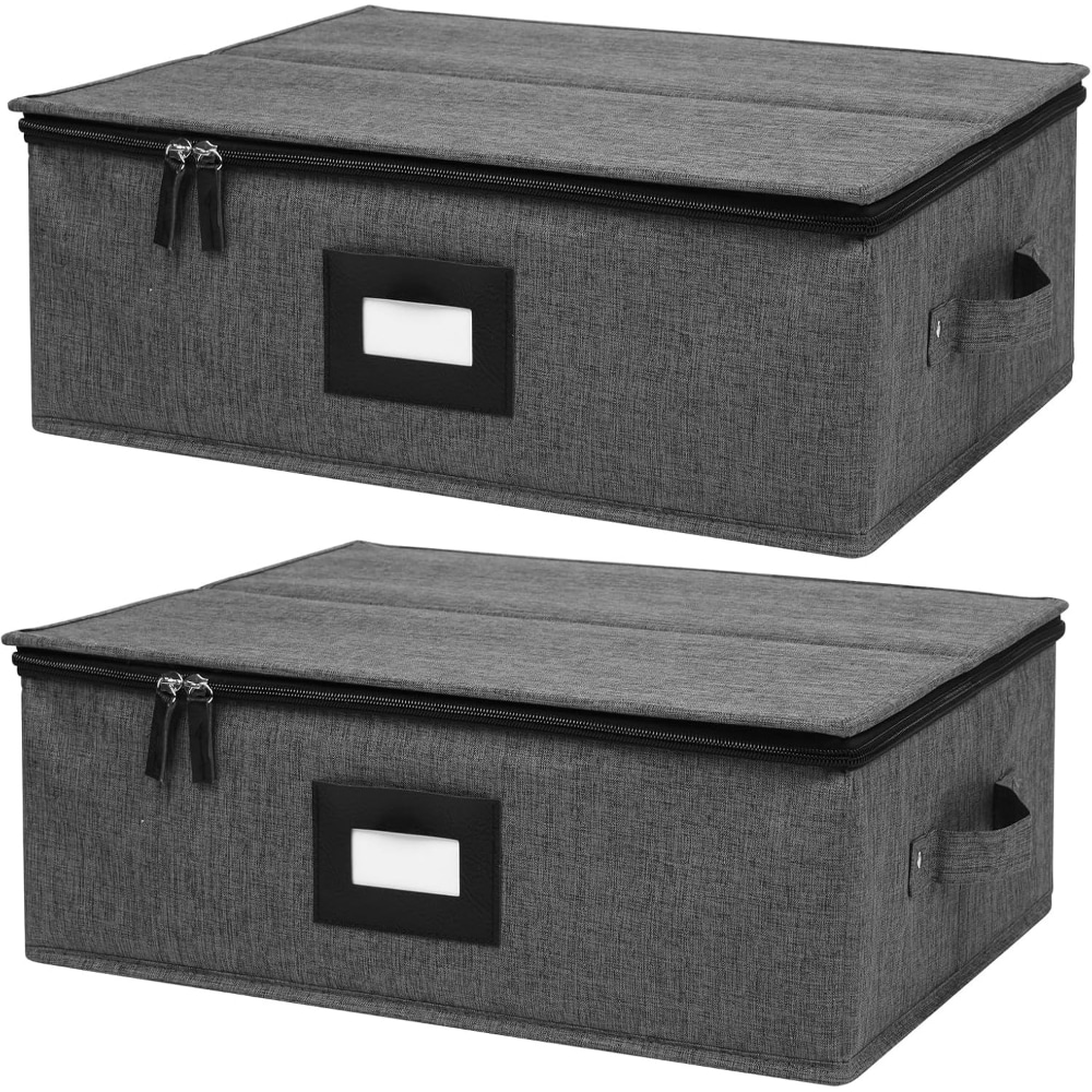 Baginizer  Cup and Mug Storage Box 2 Pack Hard Shell with Zipper Lid and Rivet Reinforced Handles Stackable China Container for 12 Tea Cups Coffee Mugs Black