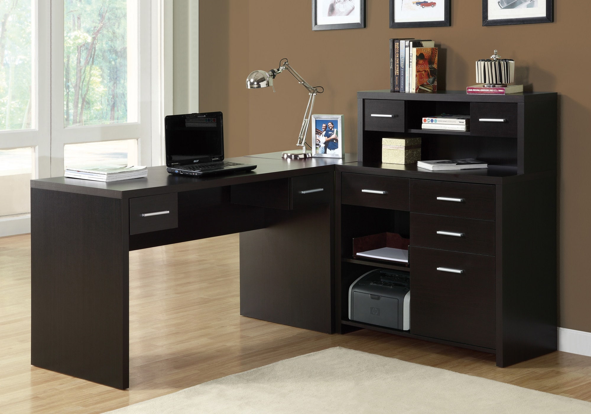 Cappuccino Brown Wood L-Shaped Executive Desk with Hutch and Filing Cabinet