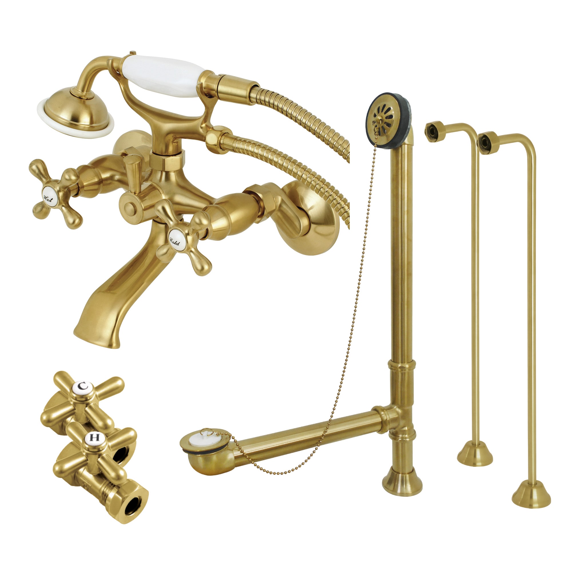 Kingston Brass WLCCK265SB Vintage Brushed brass 2-handle Wall-mount Low-arc Bathtub Faucet with Hand Shower ( Valve Included )