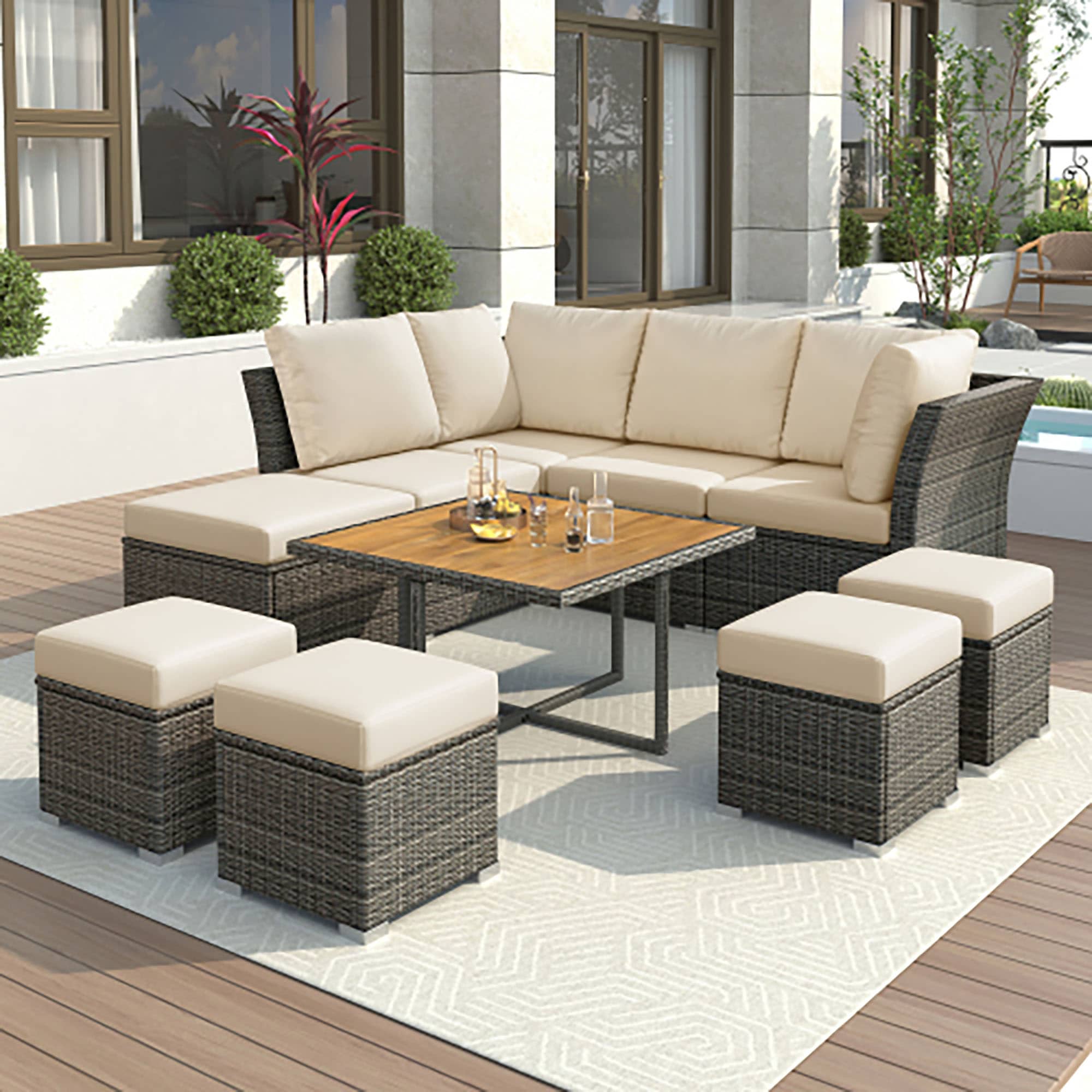 Forclover ALUS-378WH 10 -Piece Rattan Patio Sofa Conversation Set with Off-white Cushions