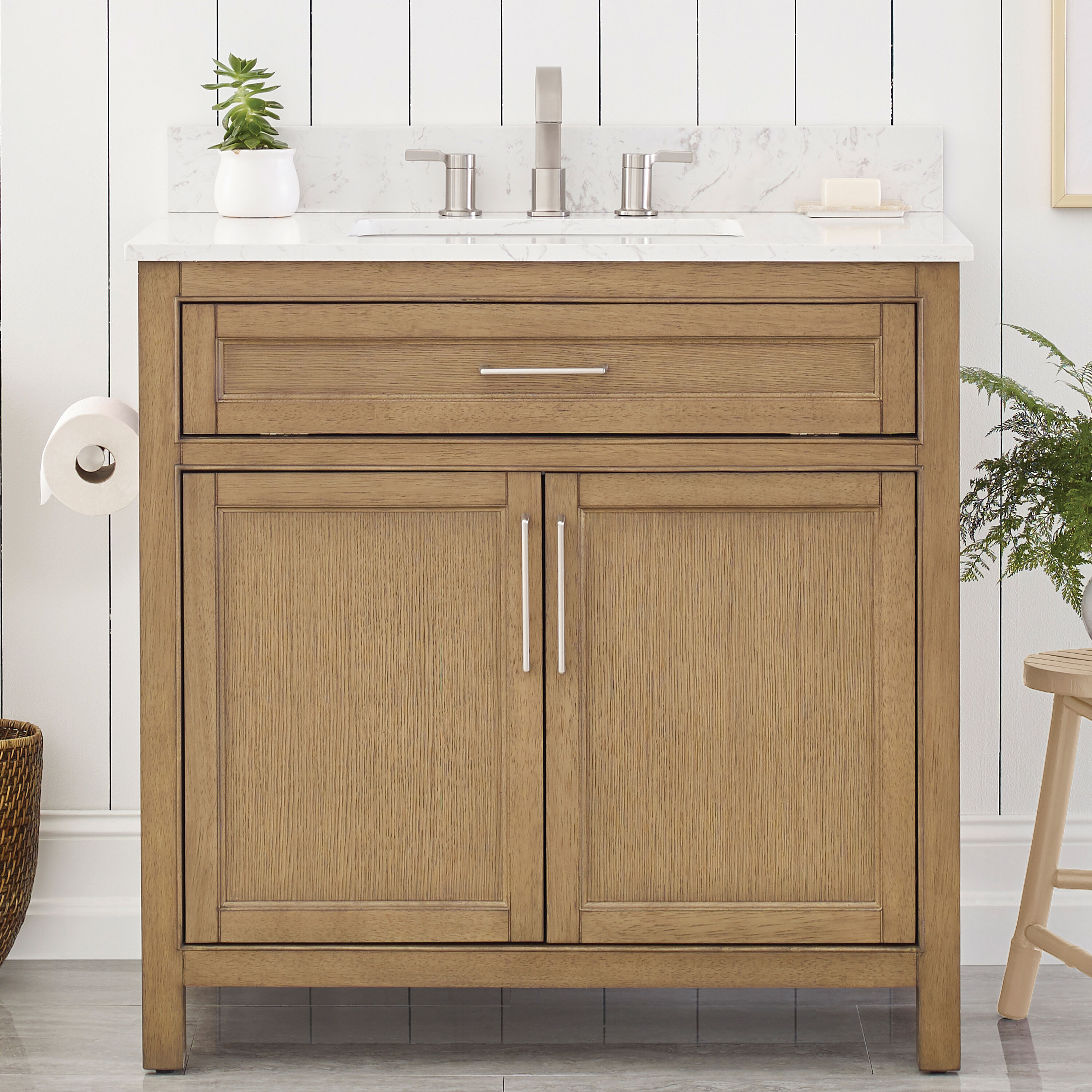 allen + roth L23064-VS36-WO Connery 36-in Golden Oak Undermount Single Sink Bathroom Vanity with White Engineered Stone Top