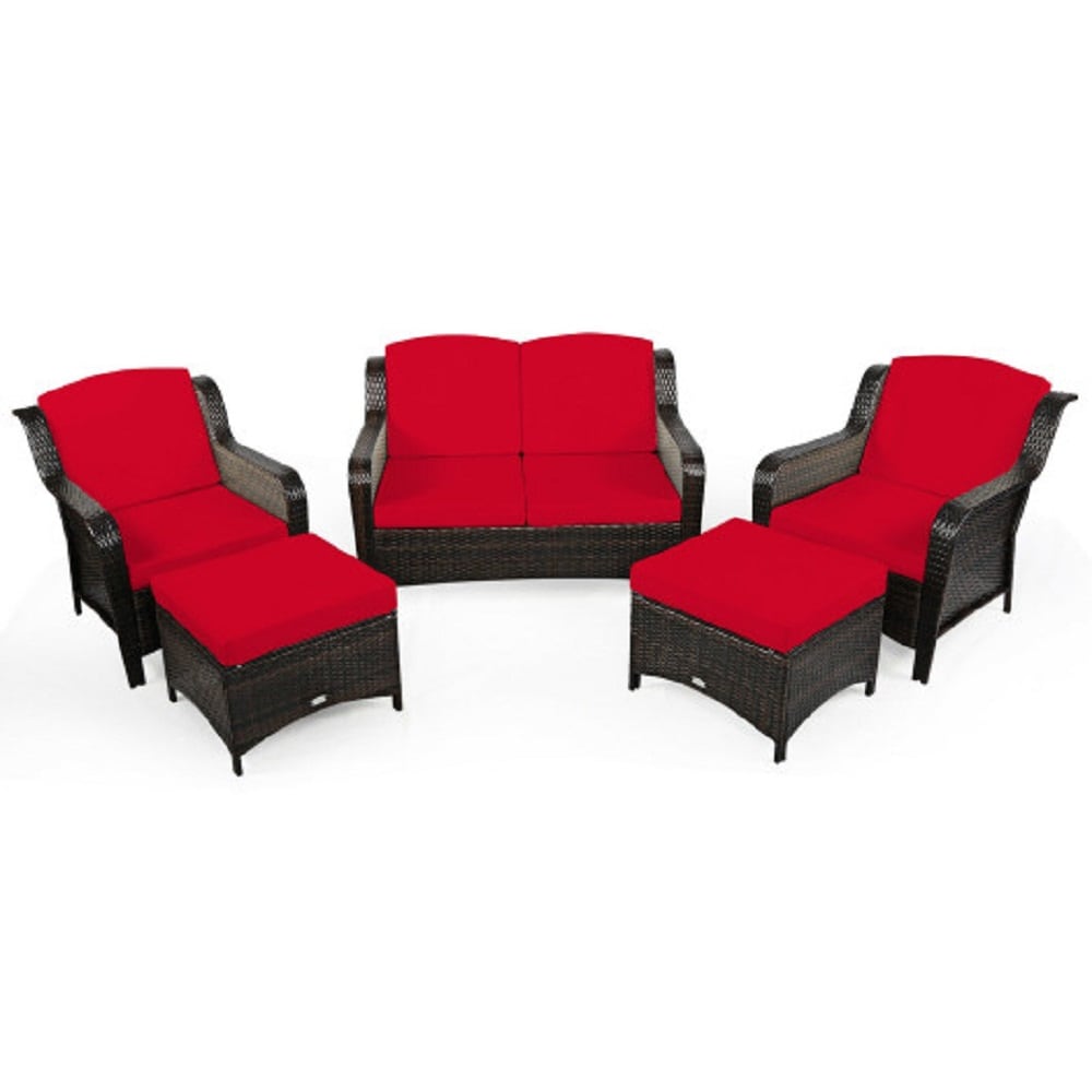 WELLFOR OUS67702RE+ 5 -Piece Rattan Patio Conversation Set with Red Cushions