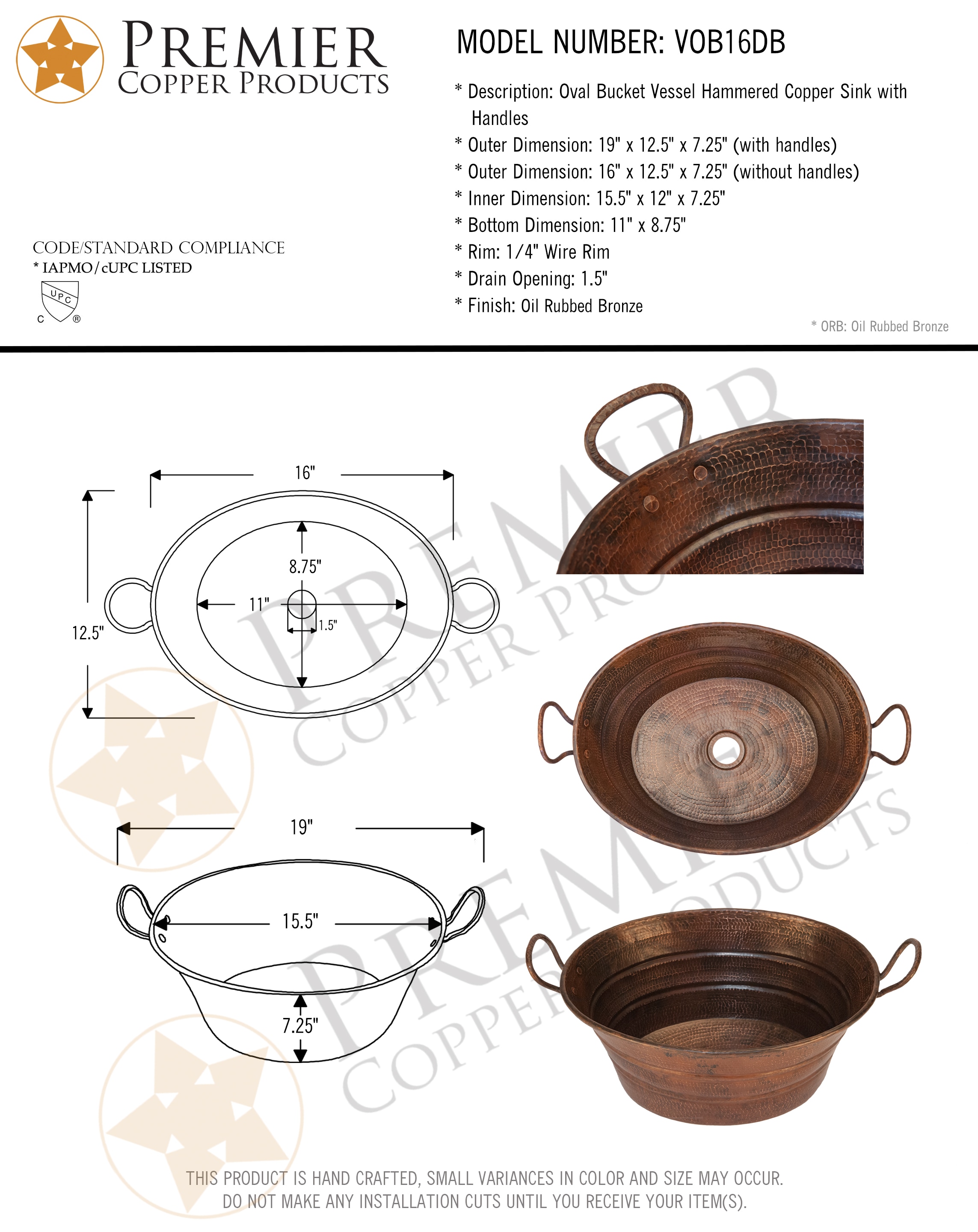 PREMIER COPPER PRODUCTS VOB16DB Bath-Sink - View #6