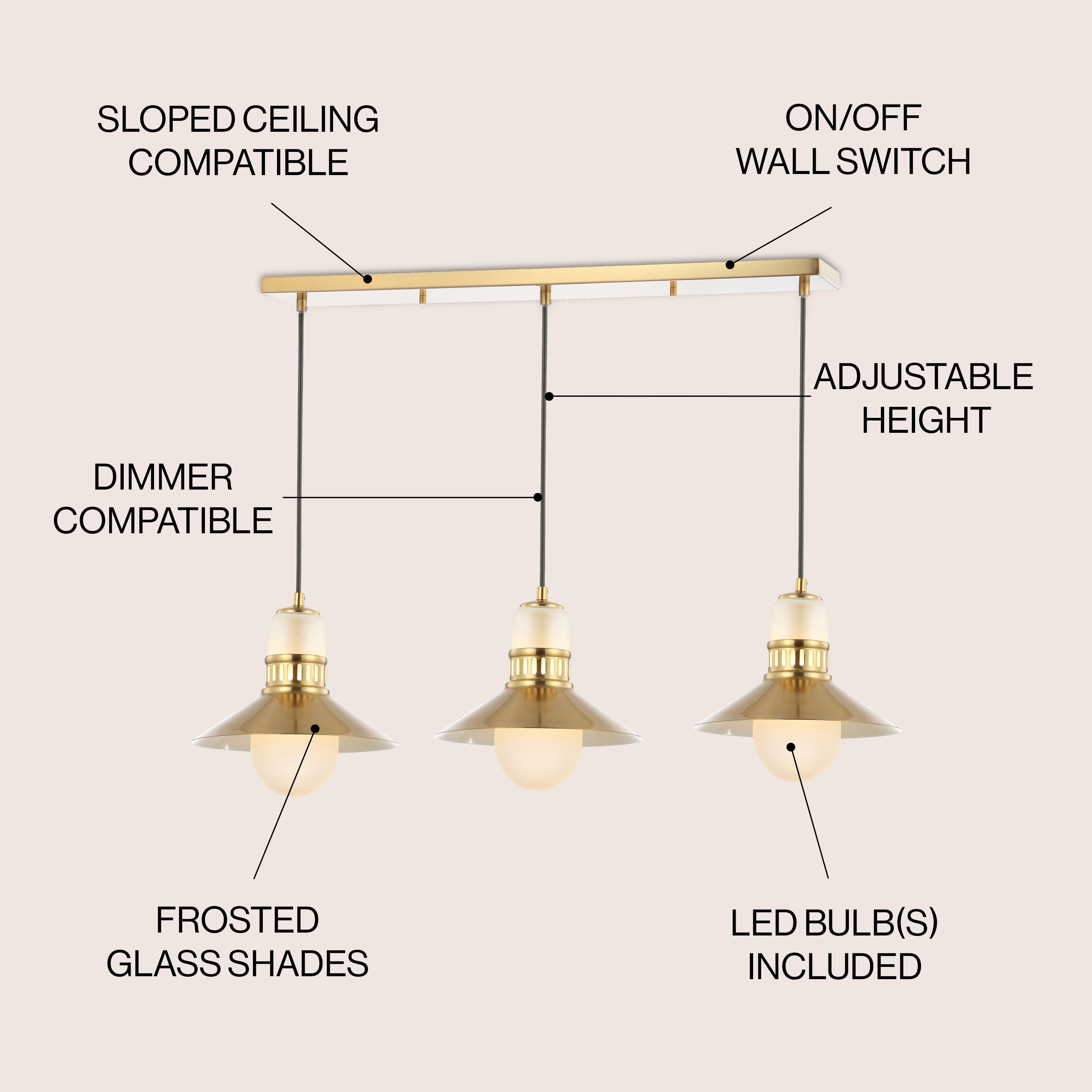 Colin Modern Transitional Brass Gold LED Triple Pendant Light