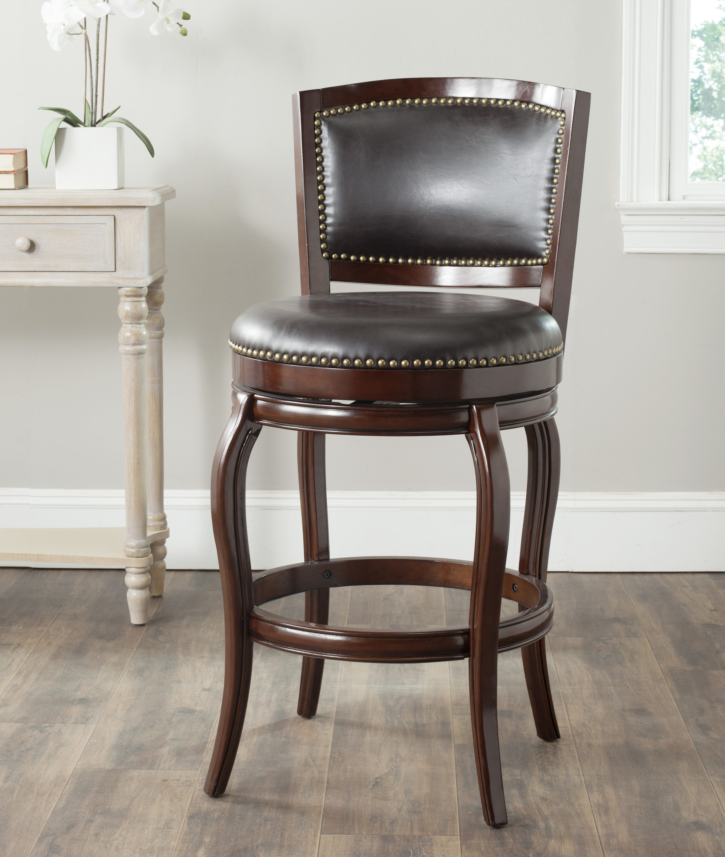 Safavieh FOX7011A Pasquale Brown 29.0-Inches H Bar height Round seat Upholstered Swivel Wood Bar Stool