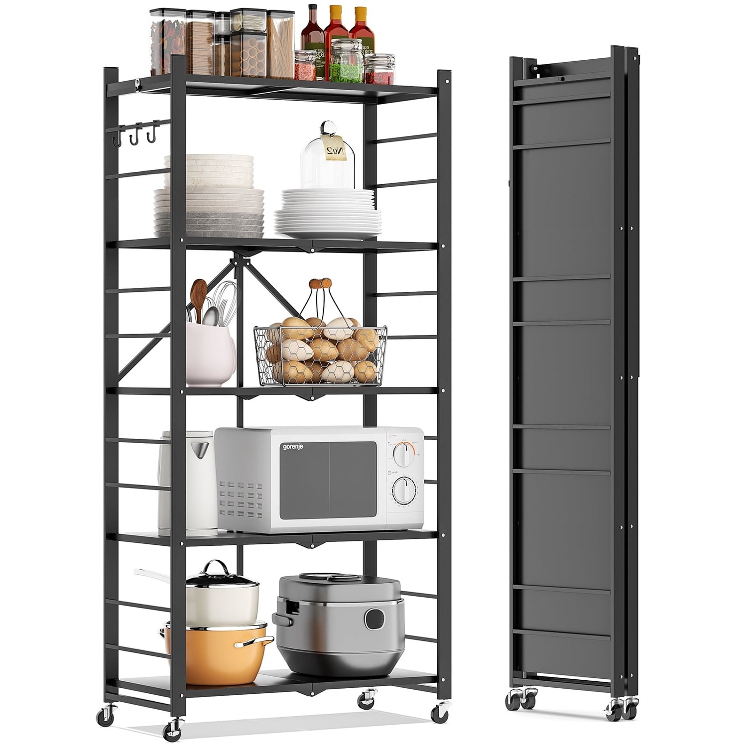 GIVIMO 5-Tier Foldable Wire Storage Shelf on Wheels 13.4-in D x 27.6-in W x 63-in H Heavy-Duty Metal Storage Rack Holds 150-lb Per Shelf Without Wheels or 60-lb on Casters No Assembly Folds Flat to 3.15-in for Garage Kitchen and Closet Black