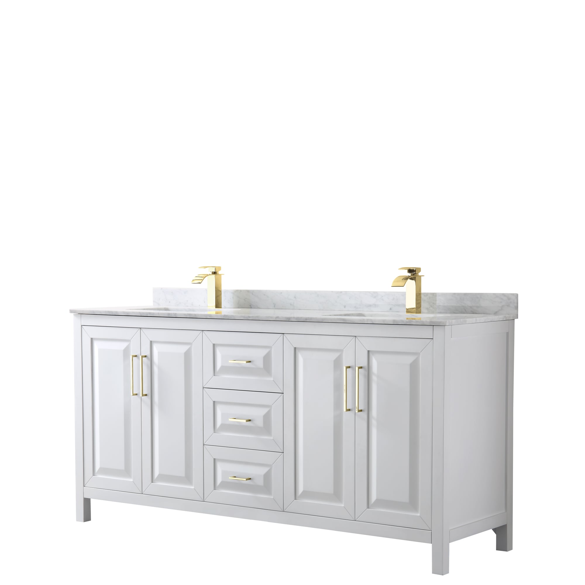 Wyndham Collection WCV252572DWGCMUNSMXX Daria 72-in White with Brushed Gold Trim Undermount Double sink Bathroom Vanity with White Carrara Marble Marble Top