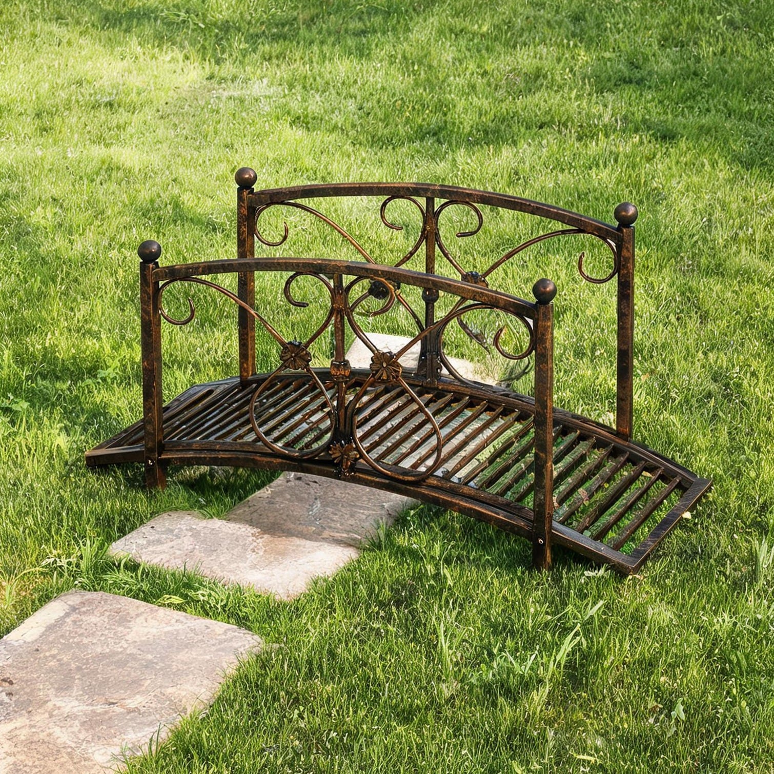 FlowLuxe Wood-tone brown metal garden bridge with safety rails 40.25-inch curved walkway for pond or stream