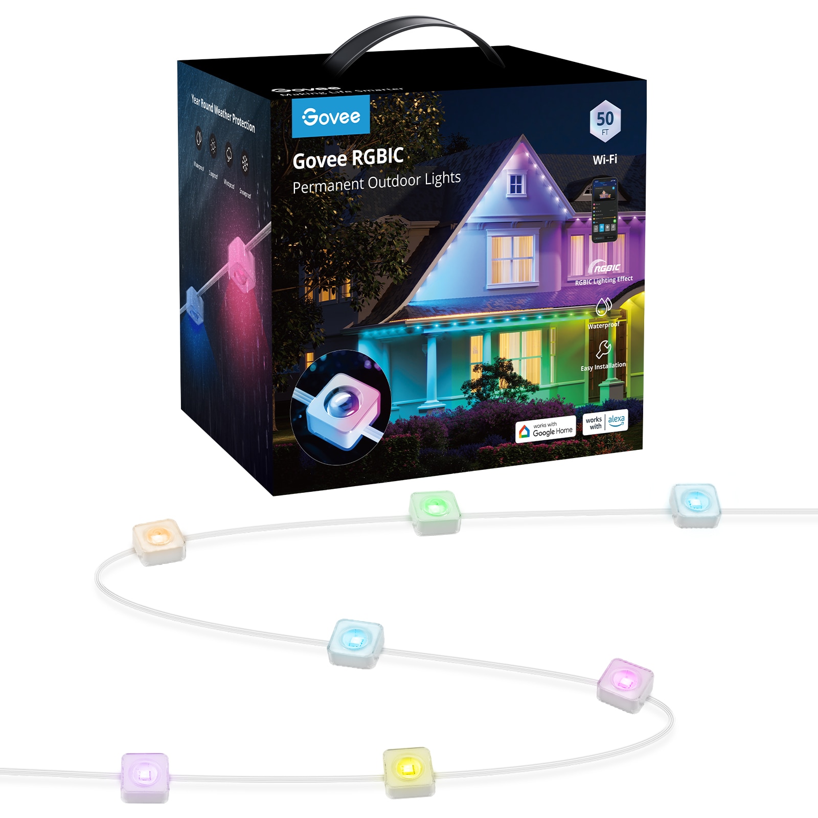 RGBIC Permanent 50 ft. Outdoor Smart Plug-In Color Changing White Tape LED  String Light with IP65 Waterproof Housing