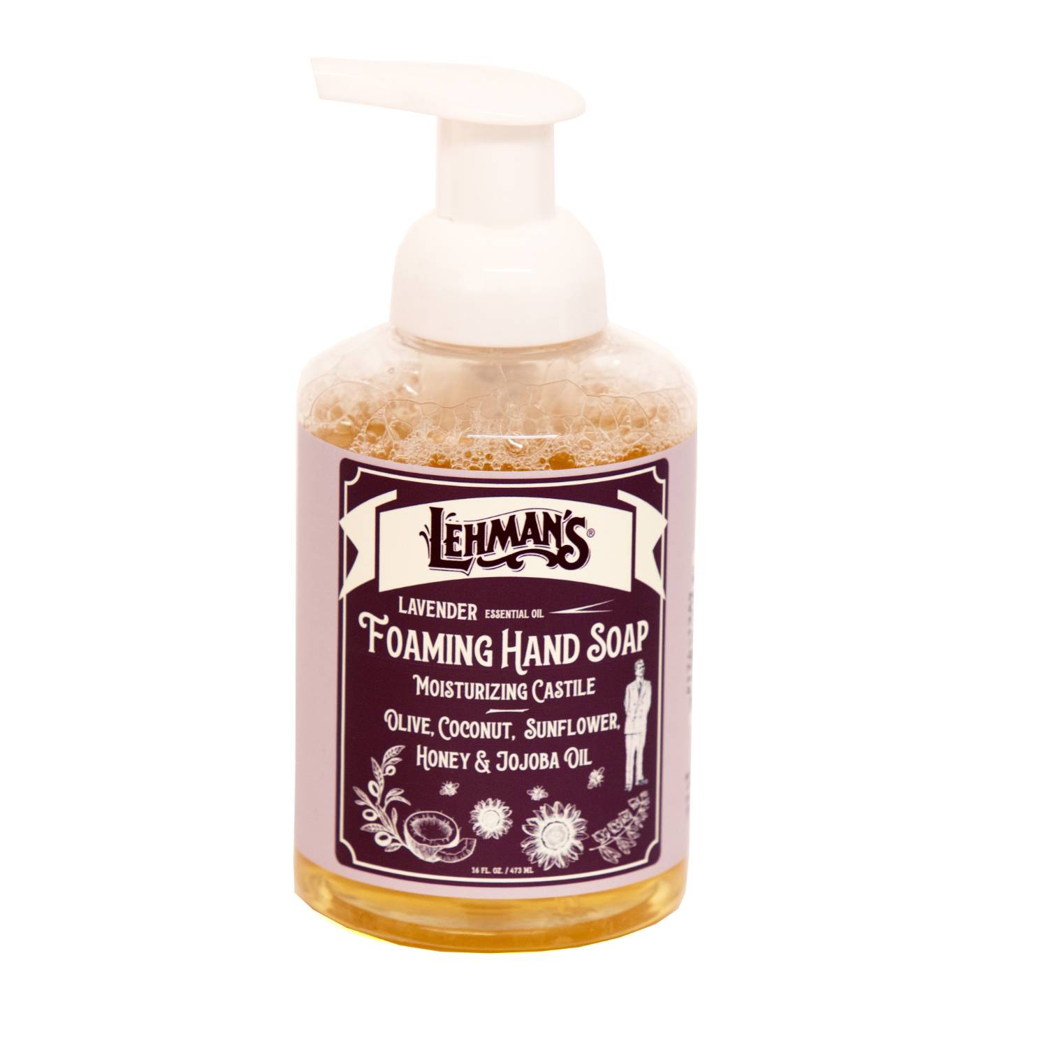 Lehman's 1741289 Lehmans Castile Foaming Hand Soap - Mild and Moisturizing and All Natural - Essential Oil Scented - 16 fl oz - Lavender