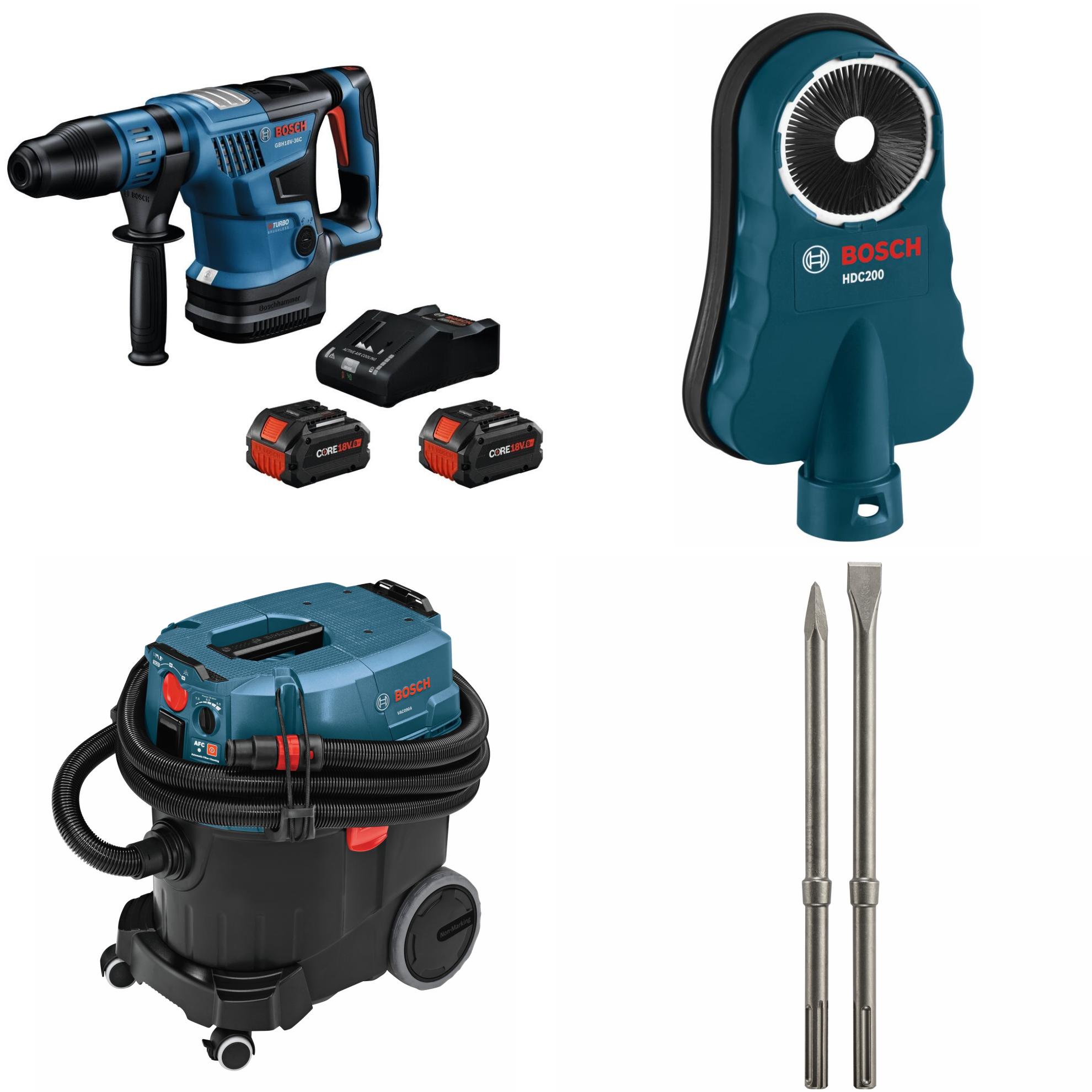 Bosch  PROFACTOR™ 18V Connected-Ready SDS-max® 1-9/16 In. Rotary Hammer Kit with (2) CORE18V® 8 Ah High Power Batteries, 9-Gallon Dust Extractor with Auto Filter Clean and HEPA Filter, SDS-max® 2-Pack Hammer Steel Masonry Chisel Set and Universal Dust Collection Attachment