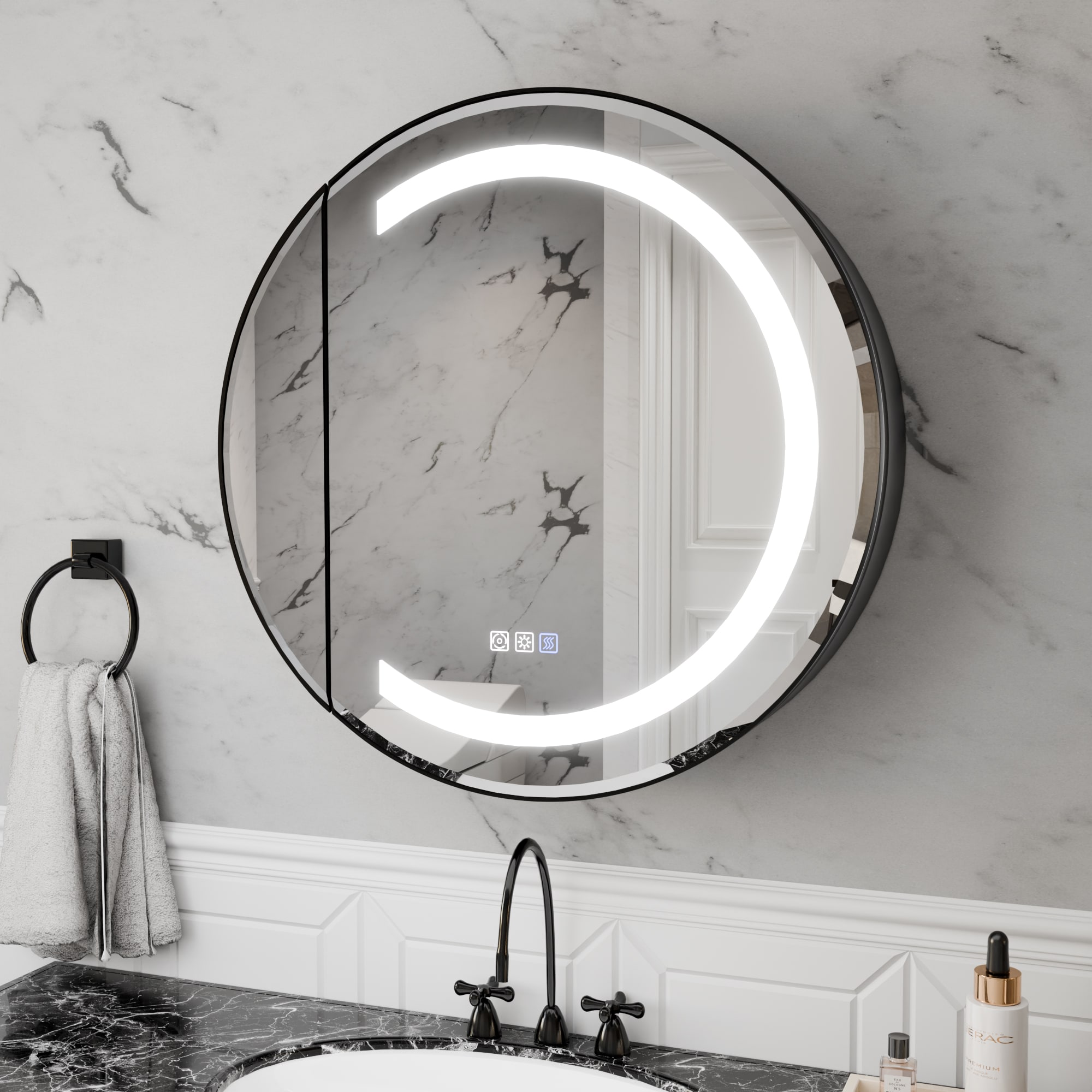 ExBrite W7MC1526L Rondel 26-in x 26-in Lighted LED Fog Free Surface Mount Matte Black Mirrored Round Soft Close Medicine Cabinet