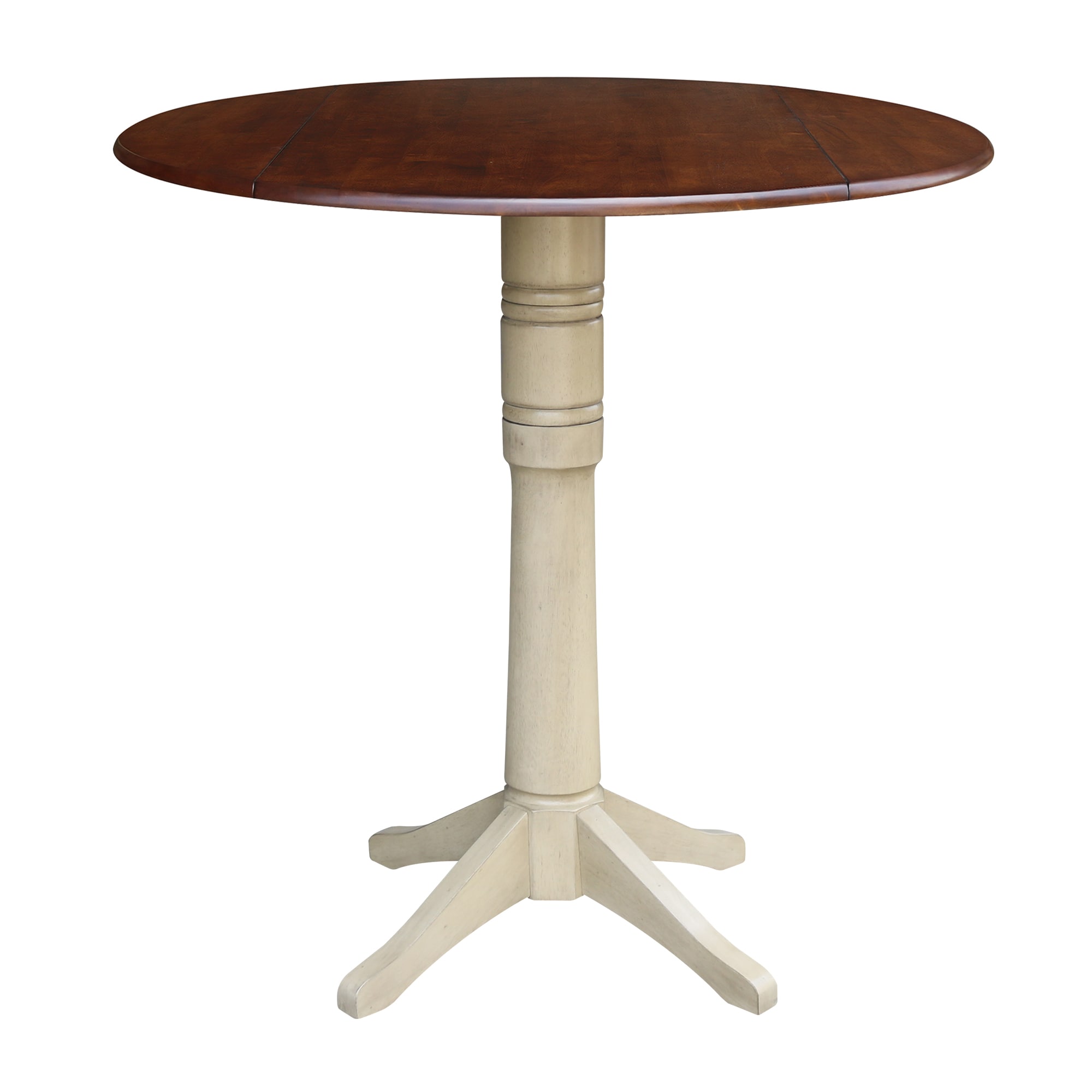 International Concepts K12-42DPT-27B-6B-2 Antiqued Almond/Espresso Round Traditional Extending Drop leaf Bar Table, Wood with Antiqued Almond Wood Pedestal Base 42-in L x 42.3-in H