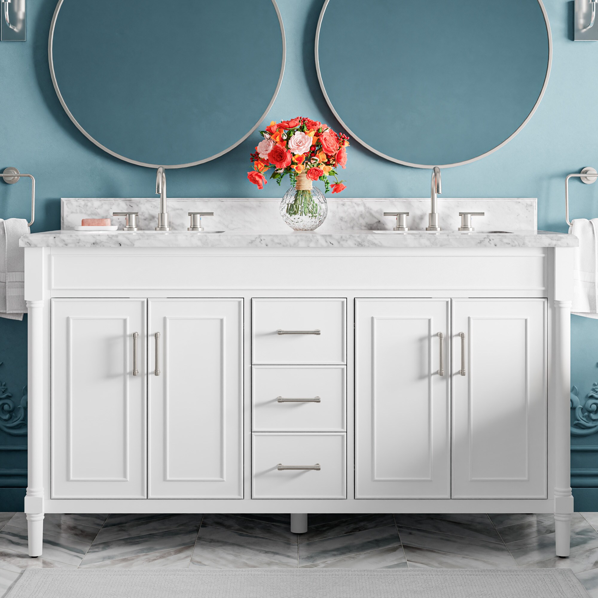 allen + roth 2543VA-61-342-900L Perrella 61-in White Undermount Double sink Bathroom Vanity with Carrara Natural marble Top
