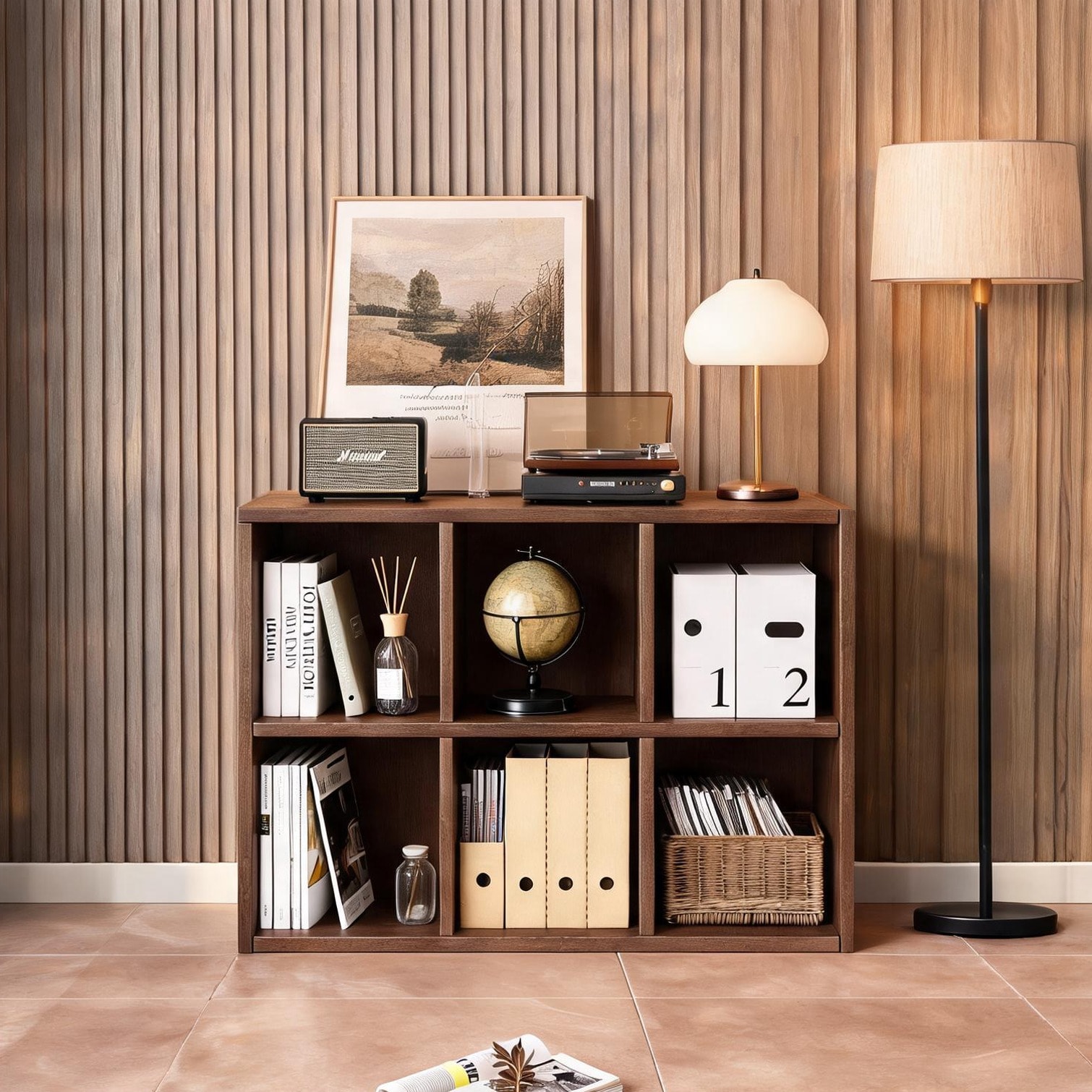 FlowLuxe 6-Compartment Freestanding Wooden Storage Shelf in Brown-Toned Walnut Finish