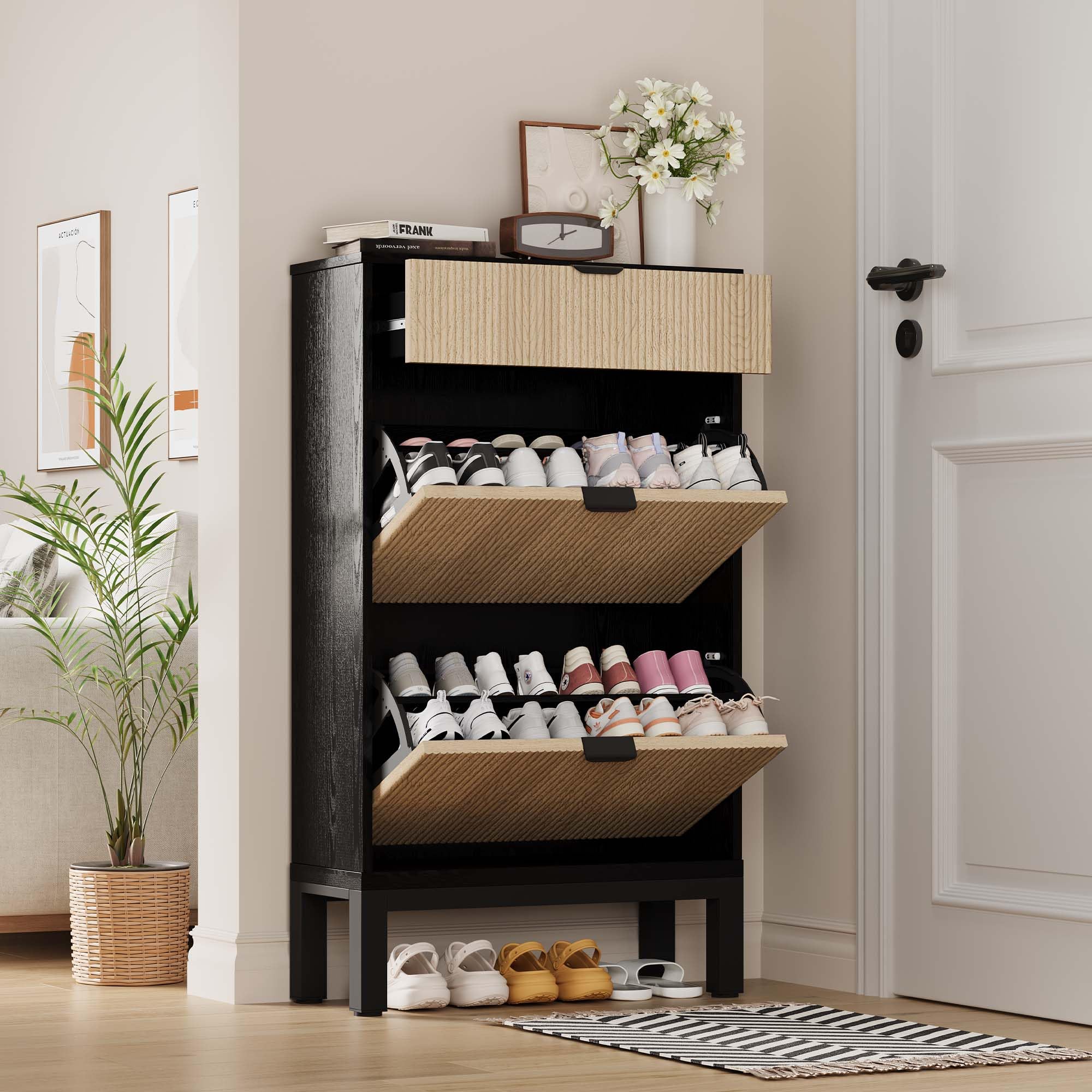 Garvee Shoe Storage Organizer with 2 Flip Drawers and 1 Small Drawer Hidden Shoe Rack Cabinet Freestanding Organizer Slim Entryway Wooden Shoe Cabinet with Fluted Doors
