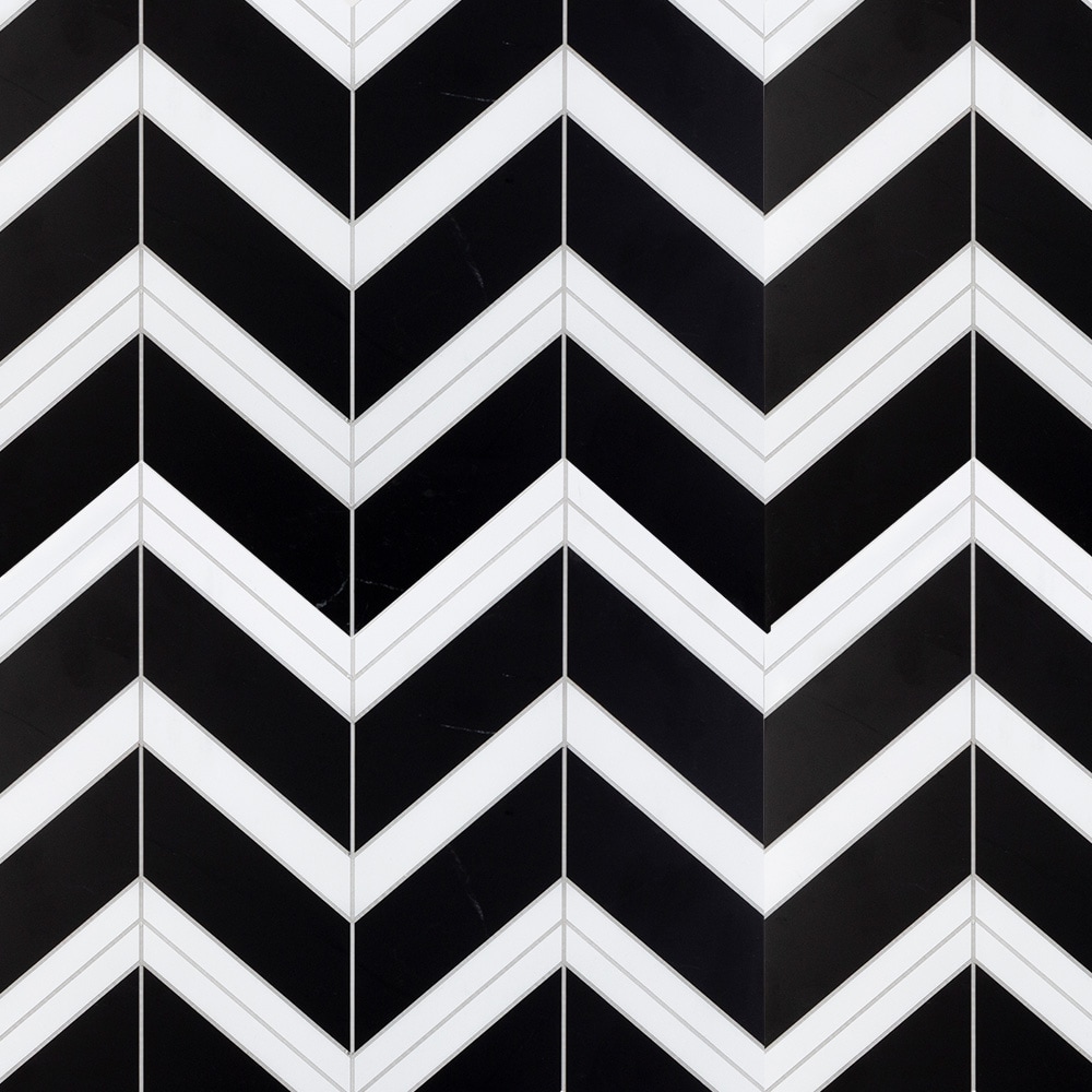 Peel&Stick Tile LW22081108 Peel and Stick Black and White Blaze Black and White 10-in x 12-in Matte PVC Patterned Chevron Mosaic Wall Tile (0.823-sq. ft/ Piece)