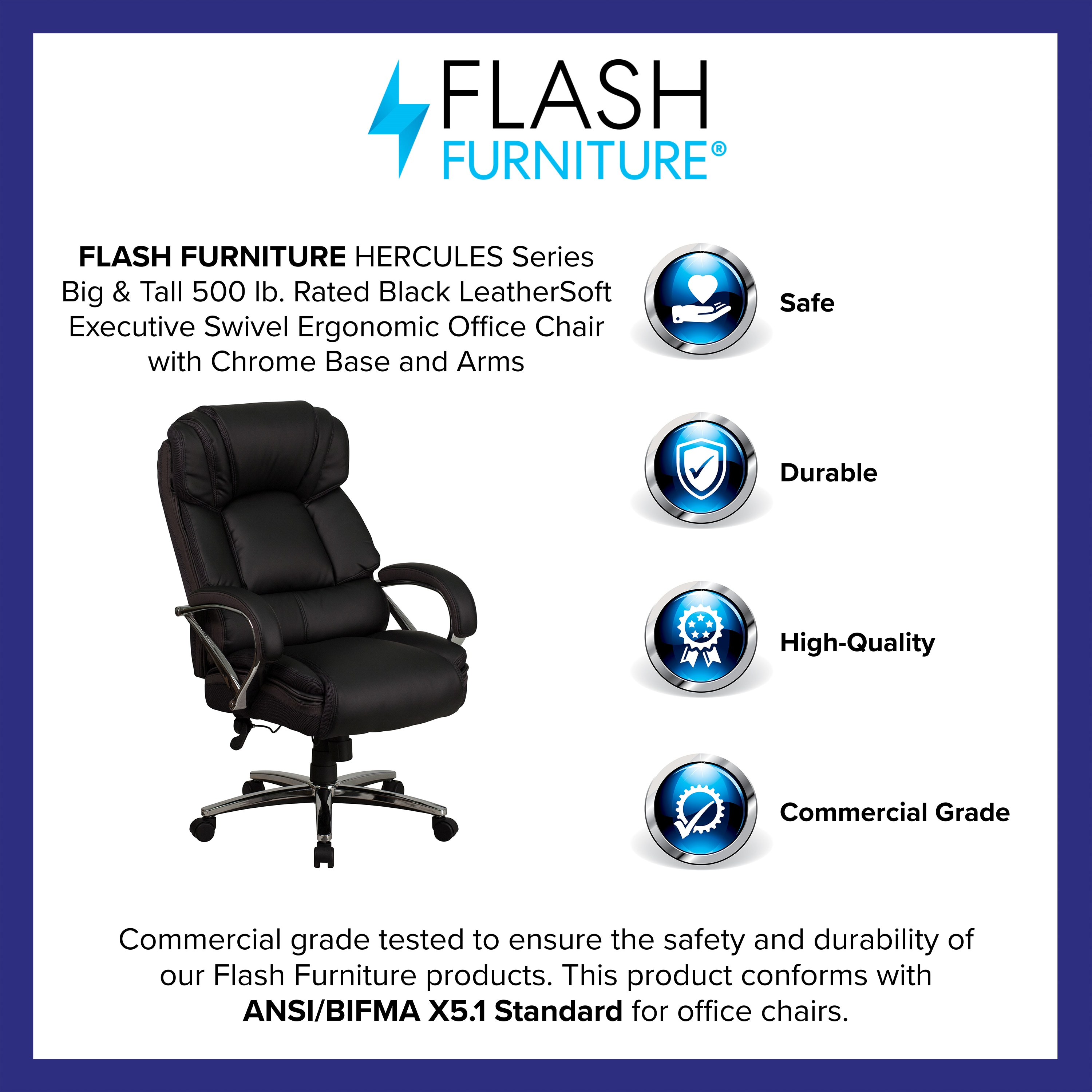 Hercules High-Back Black LeatherSoft Executive Swivel Chair with Chrome Accents