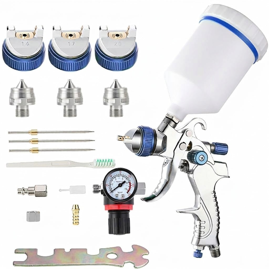 Misopily HVLP Spray Gun Set 20 oz 600 ml Gravity Feed with 1.4 mm 1.7 mm 2.0 mm Stainless Steel Nozzles Air Pressure Gauge Quick Adapter for Paint Primer Clear Coat Touch Up 1 Set #LMS0427E19