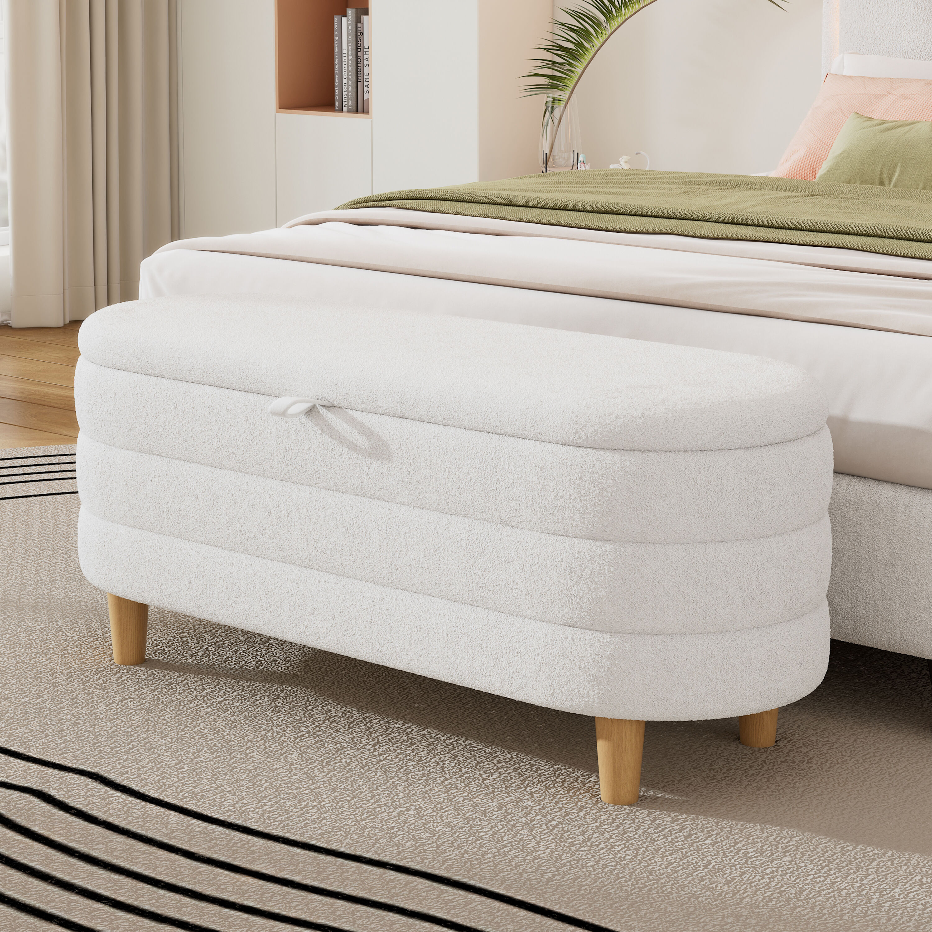 ModernLuxe N733P177309A Elegant Upholstered Sherpa Fabric  Storage Ottoman with Wood LegsStorage Bench for BedroomLiving RoomWhite
