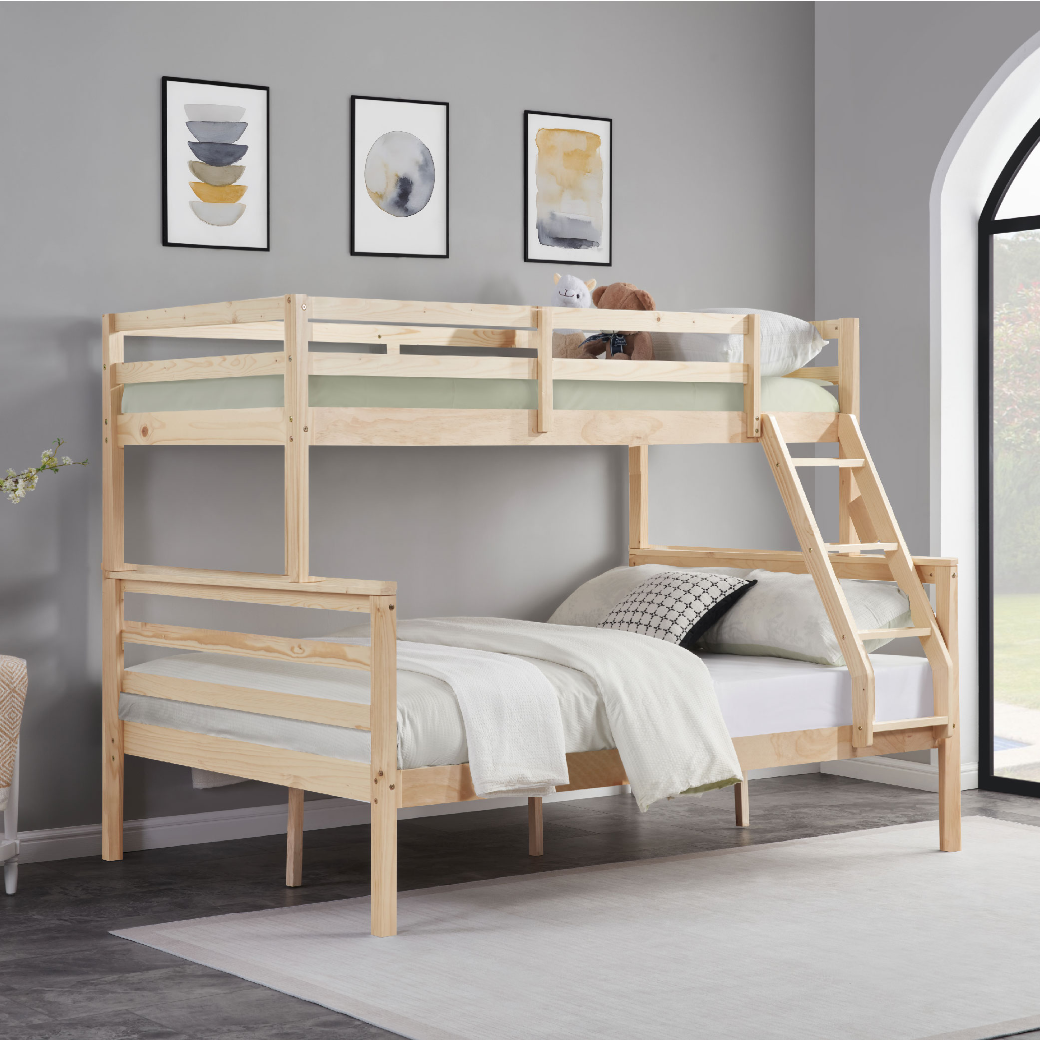 Tatayosi JJ-09020178 Twin over Full Bunk Bed with Ladder;Wooden Bunk Bed with High Guardrail and Ladder for Kids; Teens; Dorm Rooms; and Guest Rooms;No Box Spring Needed;Natural