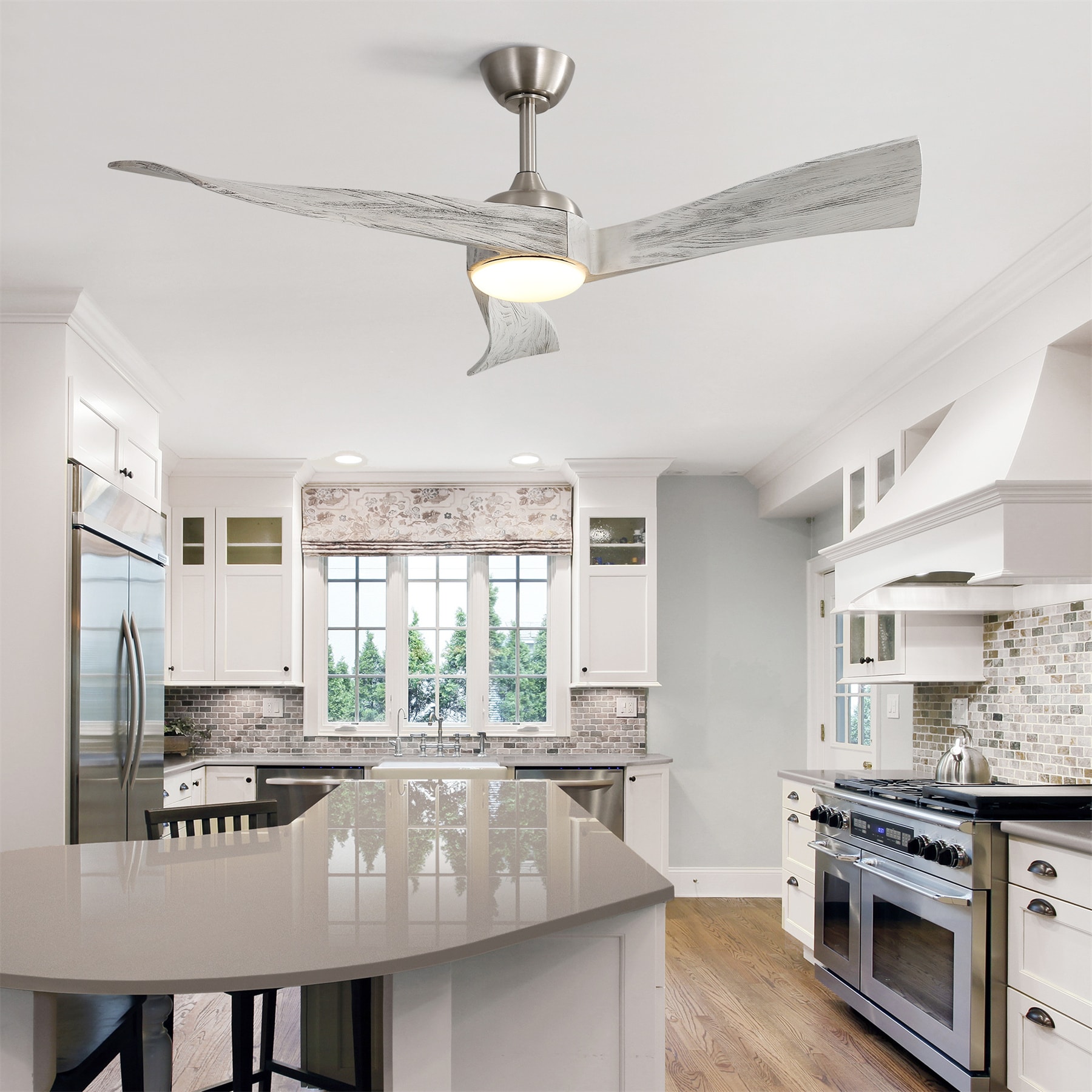 BABOOM BOM-6009ORYU LED Ceiling Fan 52-Inches Gray woodgrain with Solid wood Blades Color-Changing Indoor Downrod mount Standard Ceiling Fan With Light and Remote ( 3 -Blade)