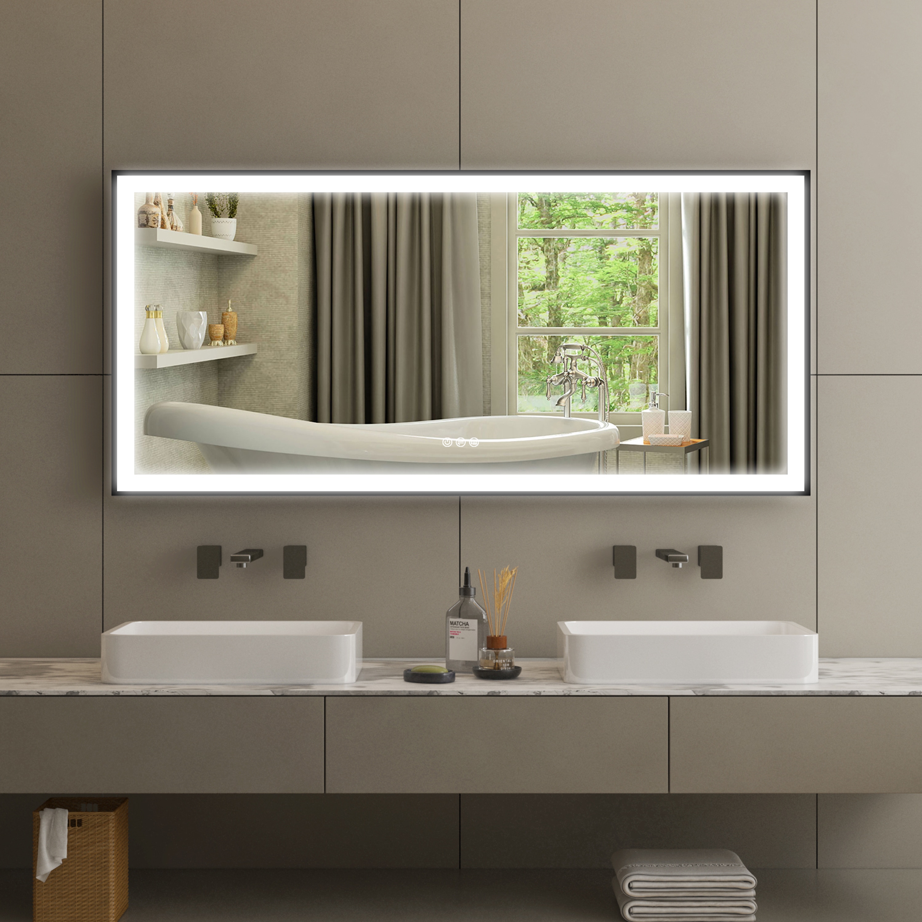 Forclover FLW-ER6028B 60-in x 28-in Framed Rectangle Dimmable LED Lighted Fog Free Bathroom Vanity Mirror ( Matte Black )
