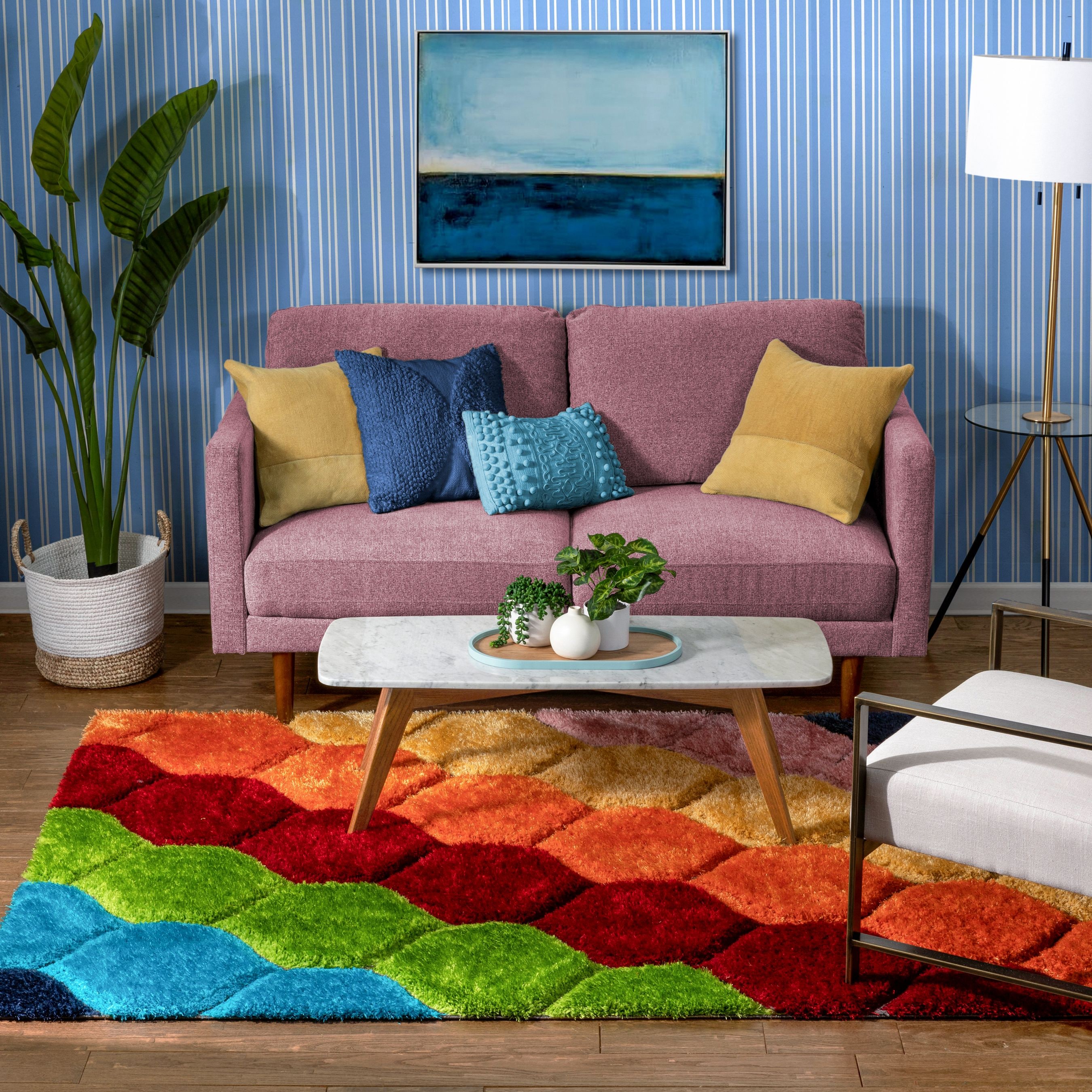 Multicolor Geometric Shag Rug with 3D Texture, 3'11" x 5'3"