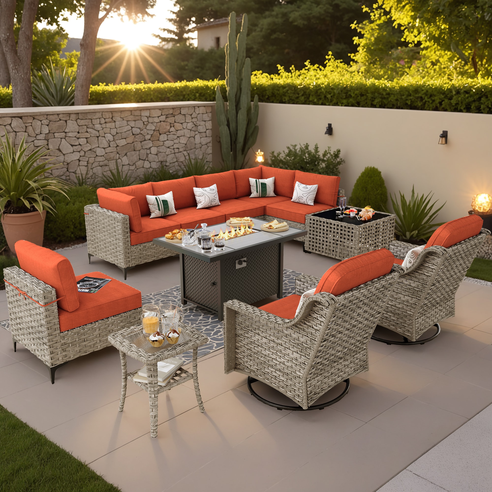 Ovios RFPSK80CY 11 -Piece Wicker Patio Conversation Set with Orange Cushions
