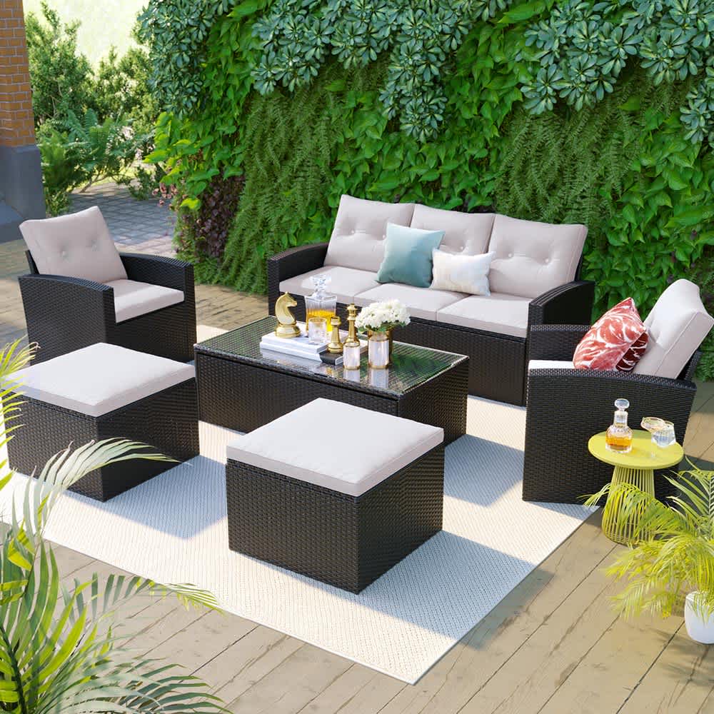 JUJABU DINSET-1 Beige 6-piece All-Weather Wicker PE rattan Patio Outdoor Dining Conversation Sectional Set with coffee table removable cushions