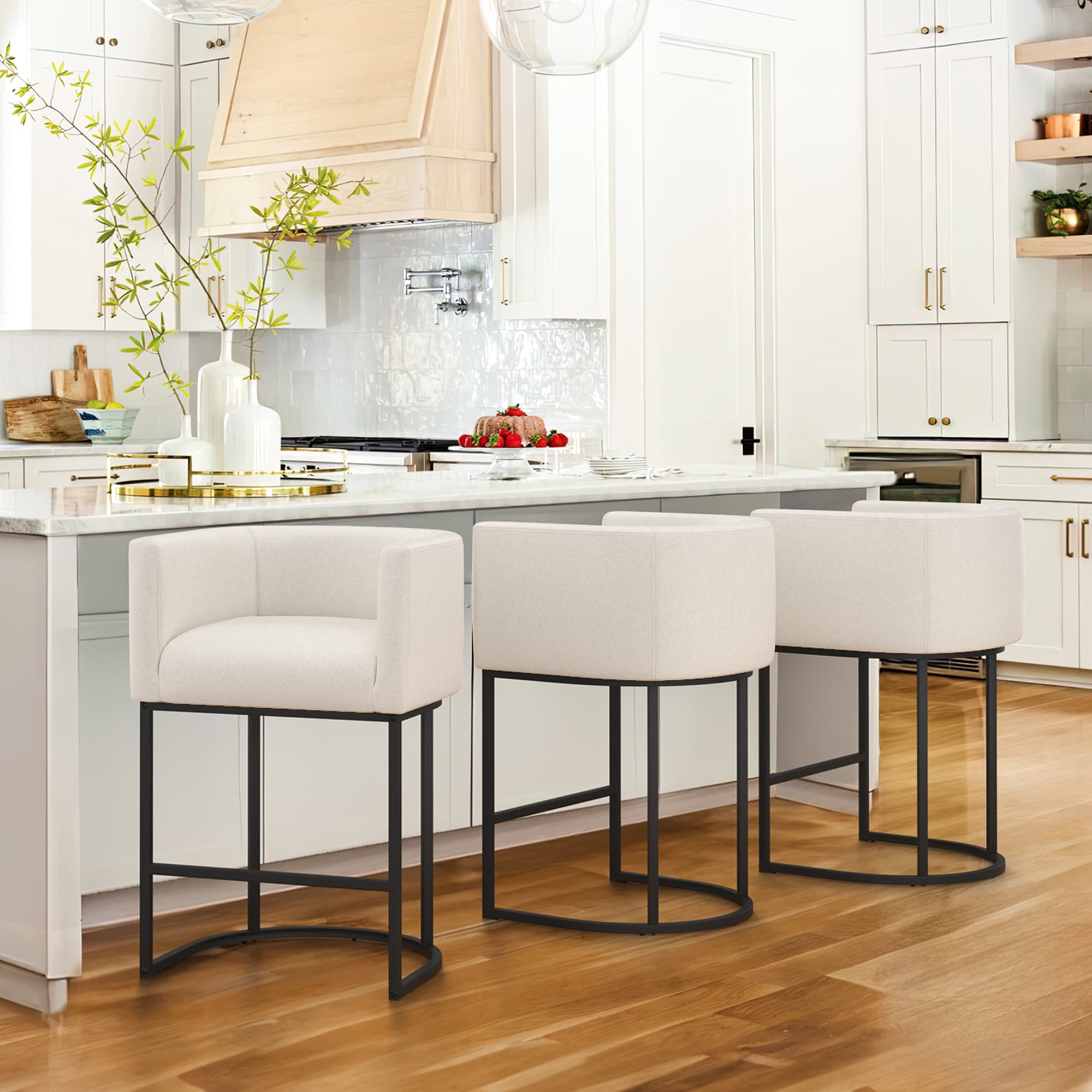LUE BONA JXK-BE-3 Set of 3 Beige 27-in H Counter height (24-in to 27-in) Square Seat Upholstered Metal Back Bar Stool Back