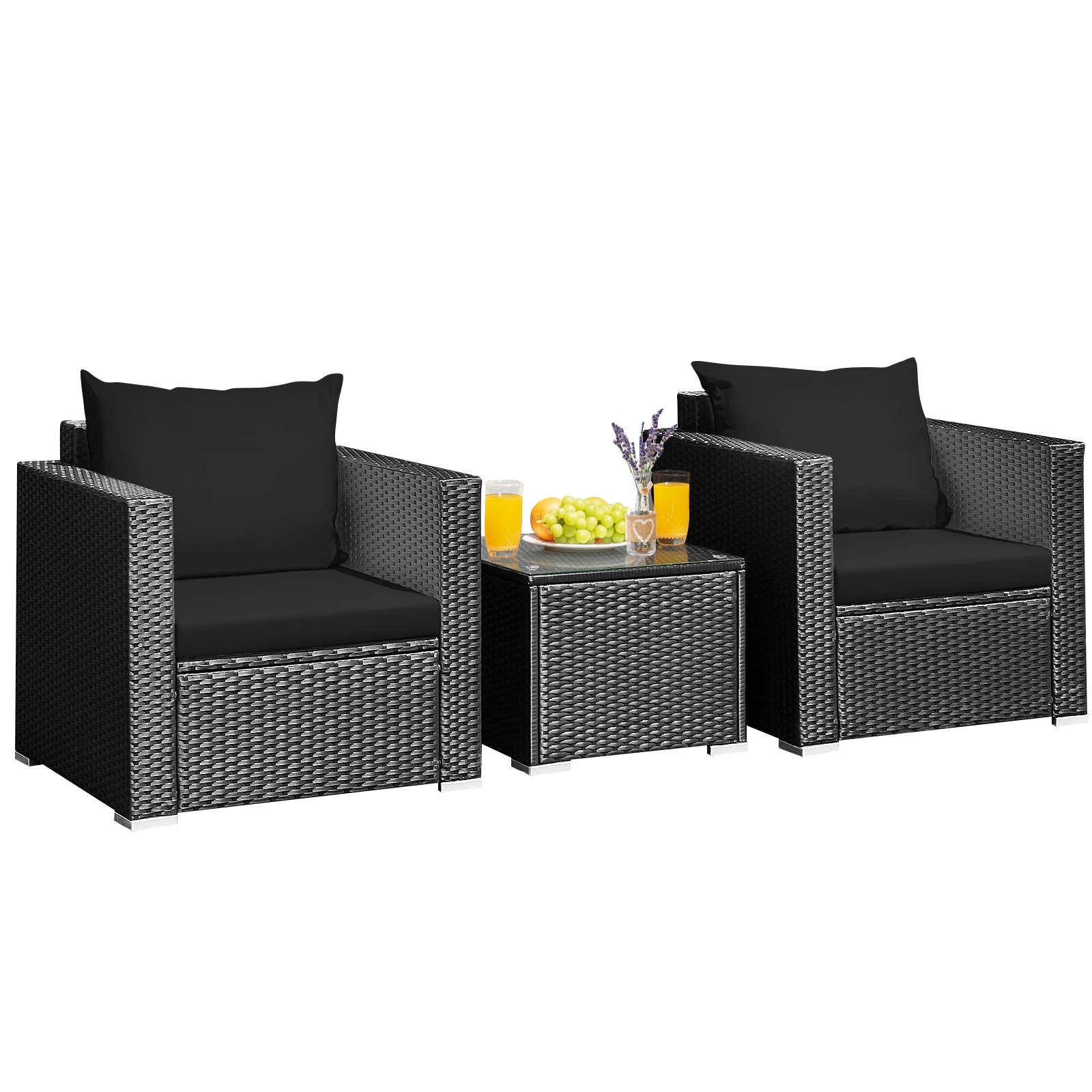 Forclover HYFE-67714TU Patio Conversation Sets 3 -Piece Rattan 2 Patio Sofa Conversation Set with Black Cushions