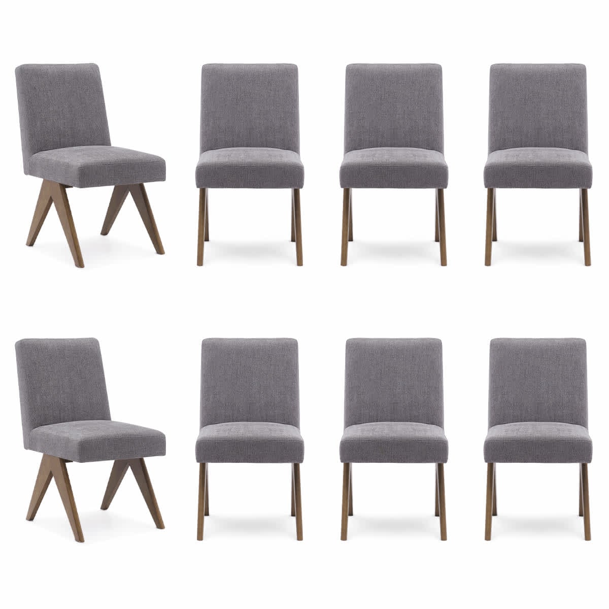 Maison Boucle MORGAN-CHAIR-GREY8 Set of 8 Gray Upholstered Dining Chairs with Solid Wood V Legs for Kitchen or Dining Room