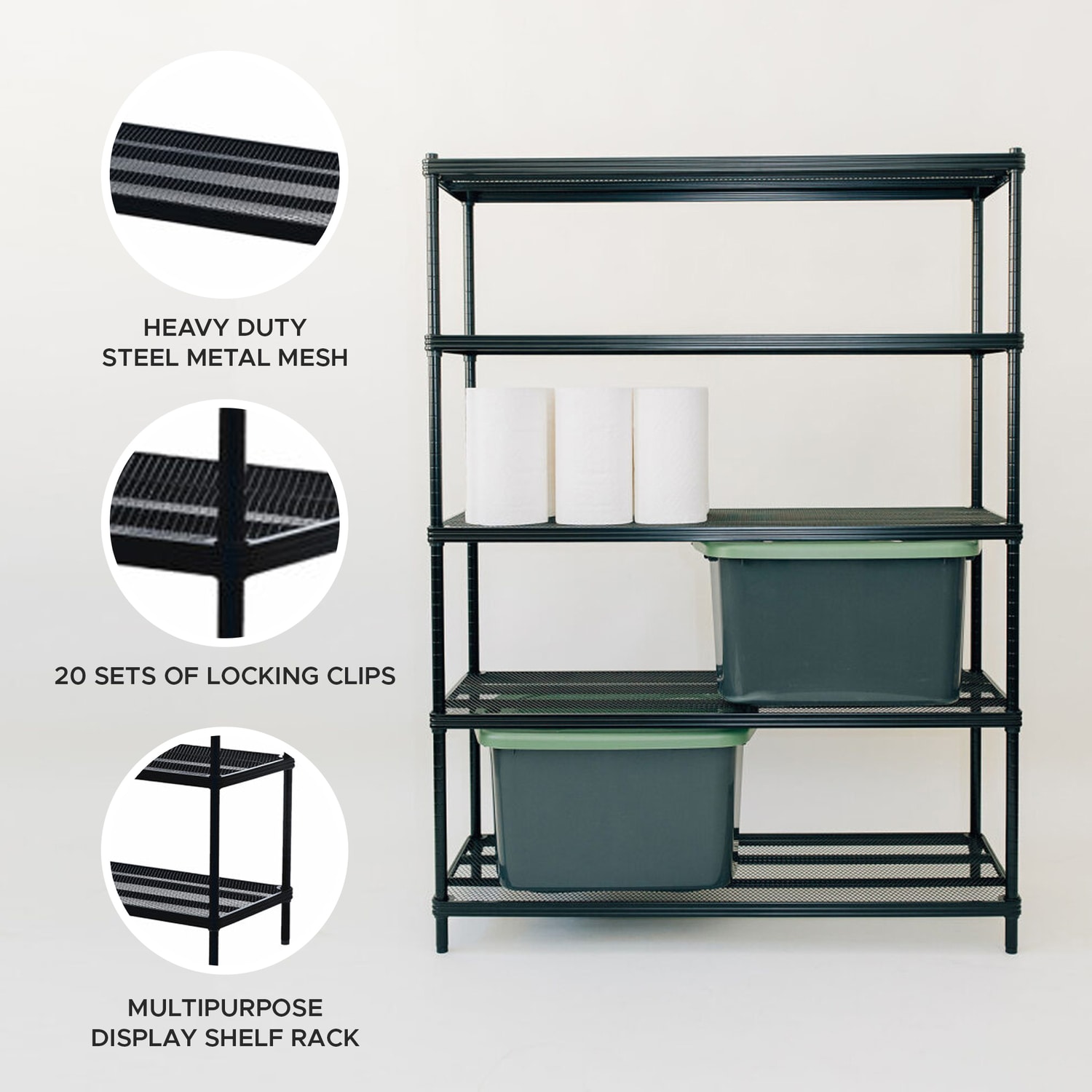 Sleek Black MeshWorks Heavy-Duty 5-Tier Metal Shelving Unit