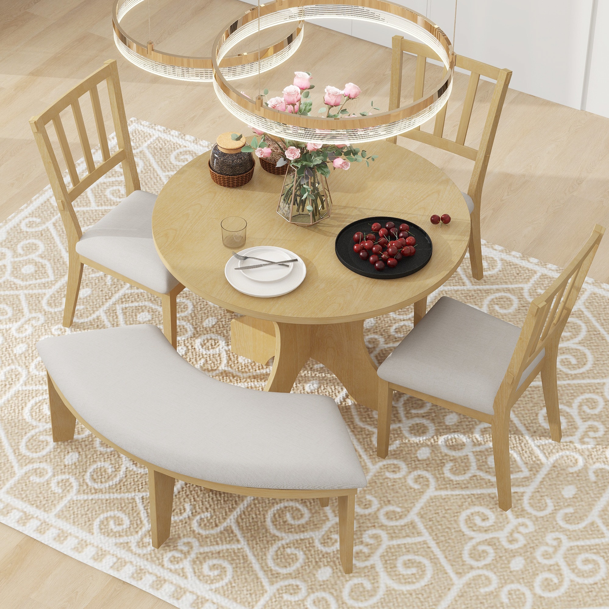 ModernLuxe ST000132AAN 5piece Rustic Charm Round Dining Set with 3 Upholstered Chairs and Curved Bench for Dining Room Kitchen and Living room Natural
