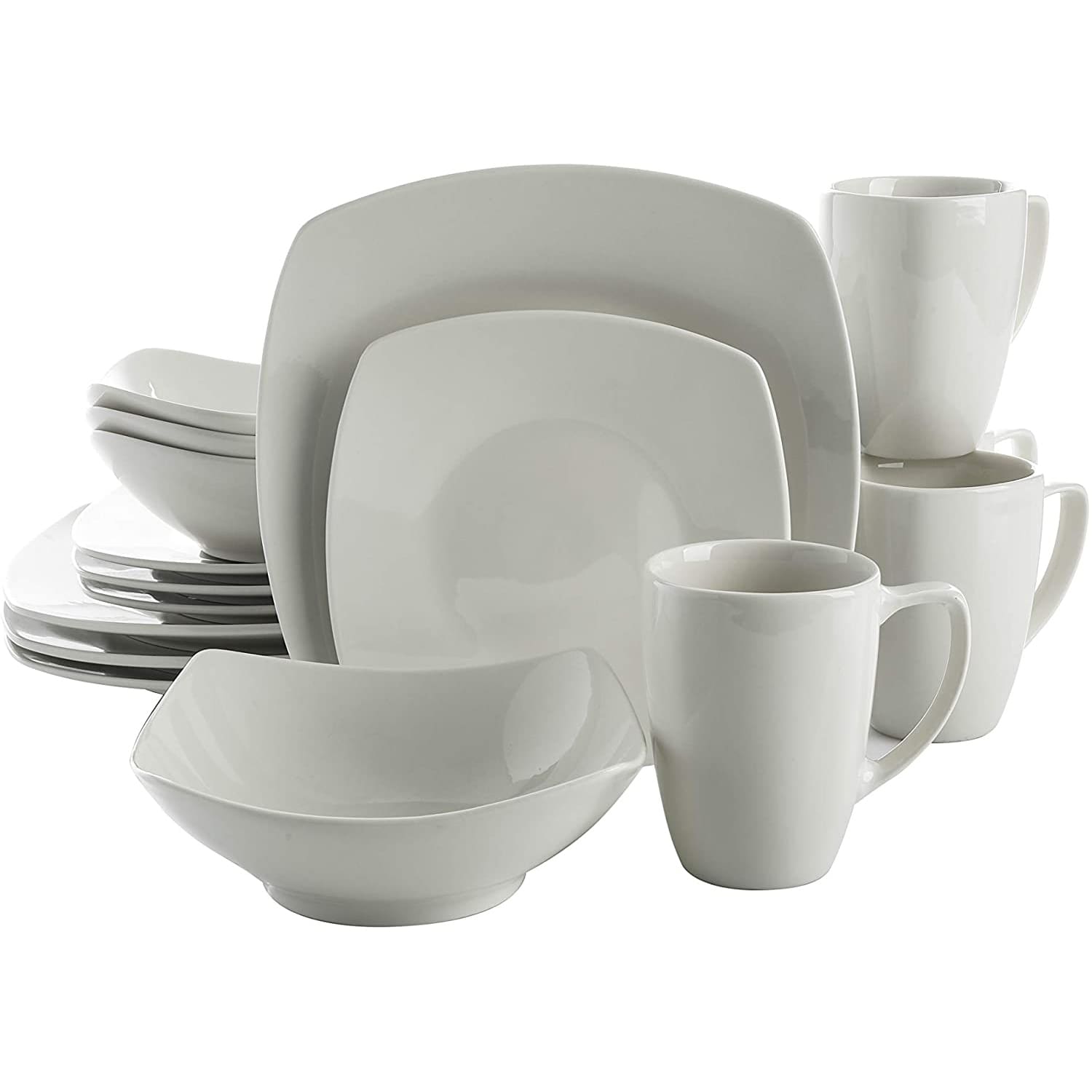 Gibson 222751 Home 102539.16RM Classic Porcelain Zen Buffet 16 Piece Square Dinnerware Set with Multi Sized Plates Bowls and Mugs White