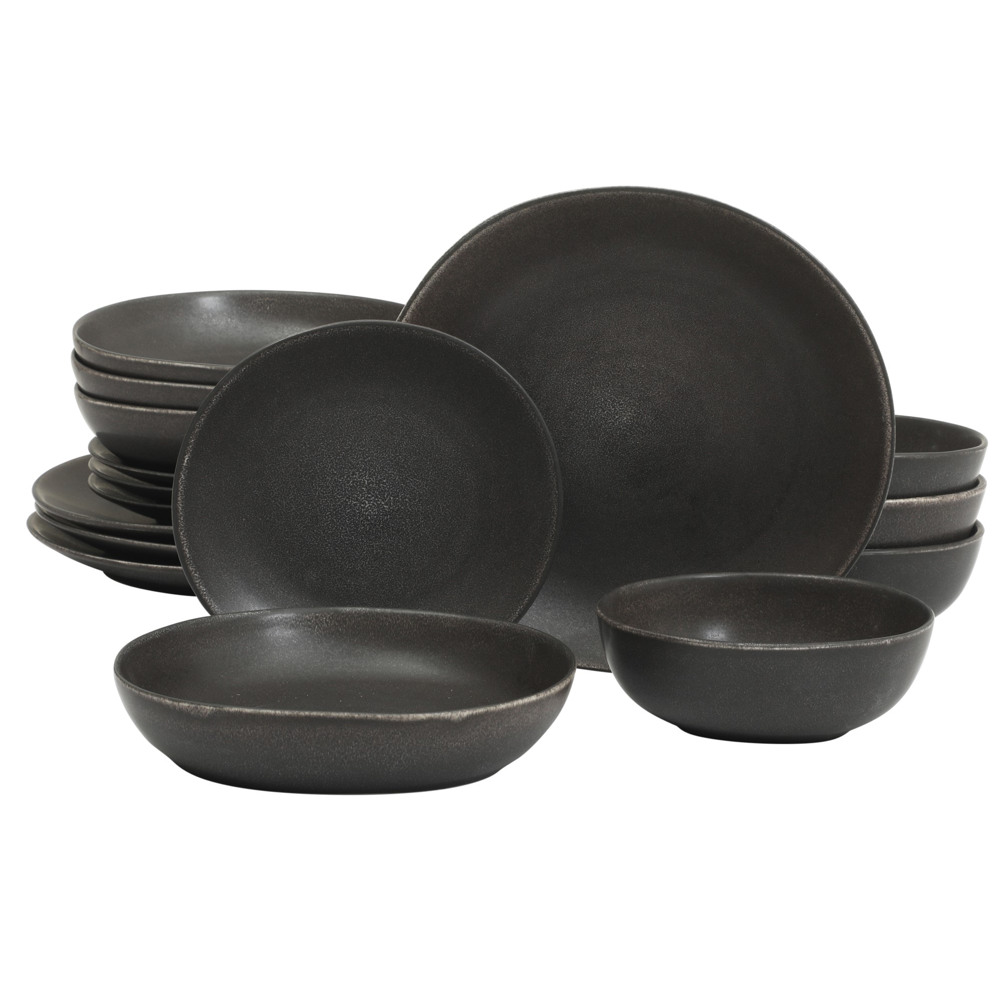 Gibson Elite 149654.16R Zion Mist 16 Piece Stoneware Reactive Glaze (Service for 4) Ceramic Plates and Bowls Modern Organic Dinnerware Set - Black