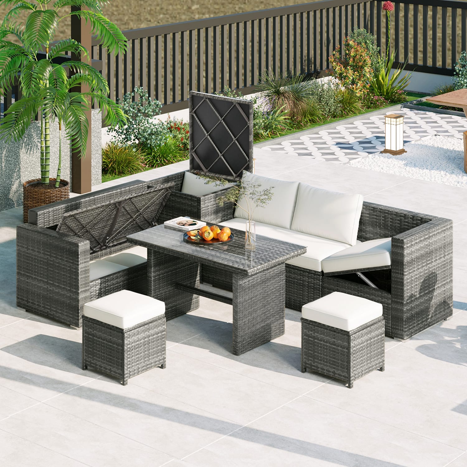 Bybafun Rattan Outdoor Sectional With Beige Cushions And Rattan Frame ...