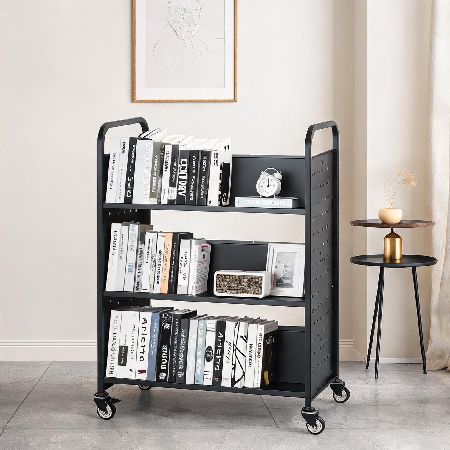 FlowLuxe Carbon Steel 3-Tier Rolling Book Cart with Double-Sided W-Shaped Shelves in Jet Black Library and Office Storage