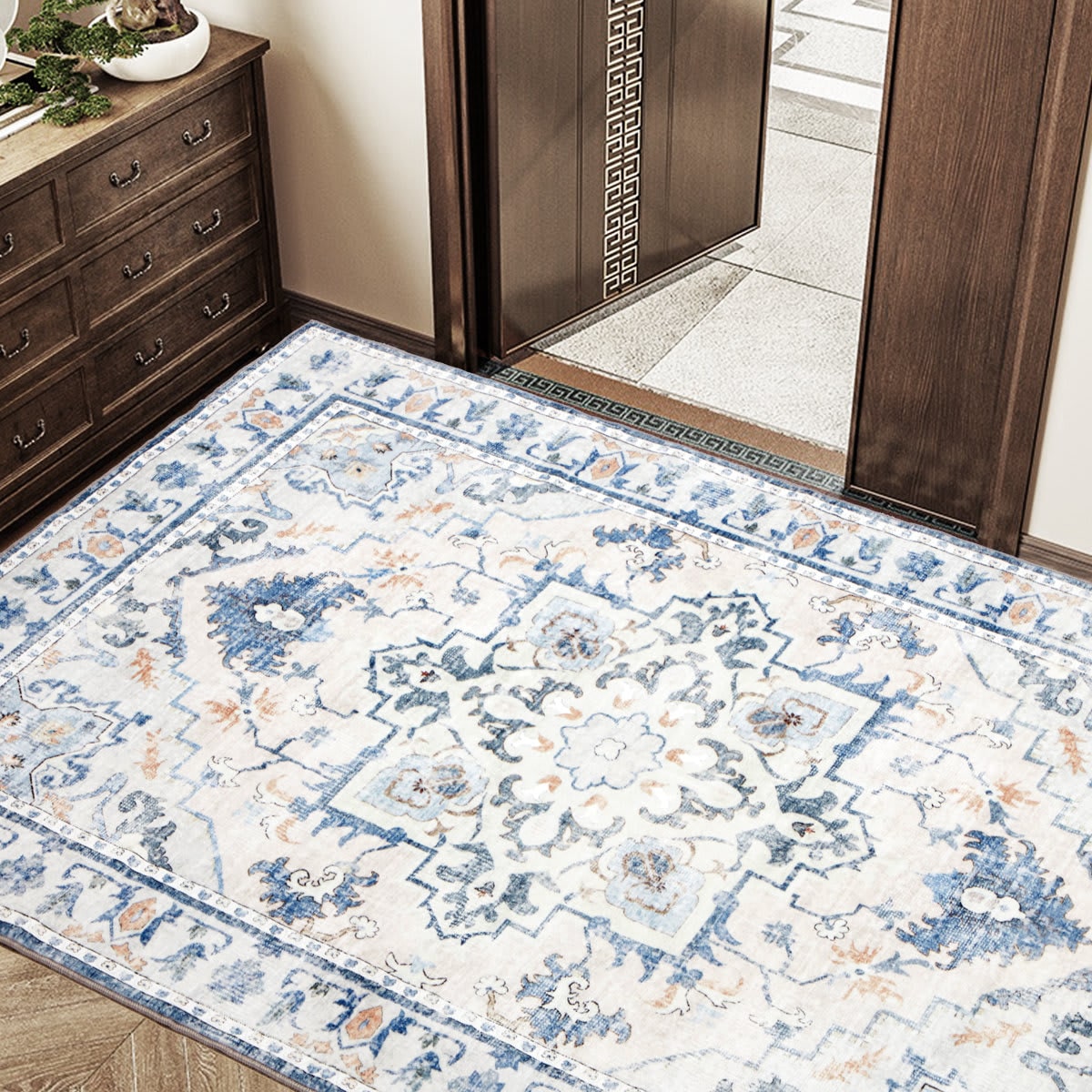 U-HOMY FY-011GY-HM 6×9FT Oriental Ivory and Blue Area Rug With Non-Slip Backing For High Traffic Area