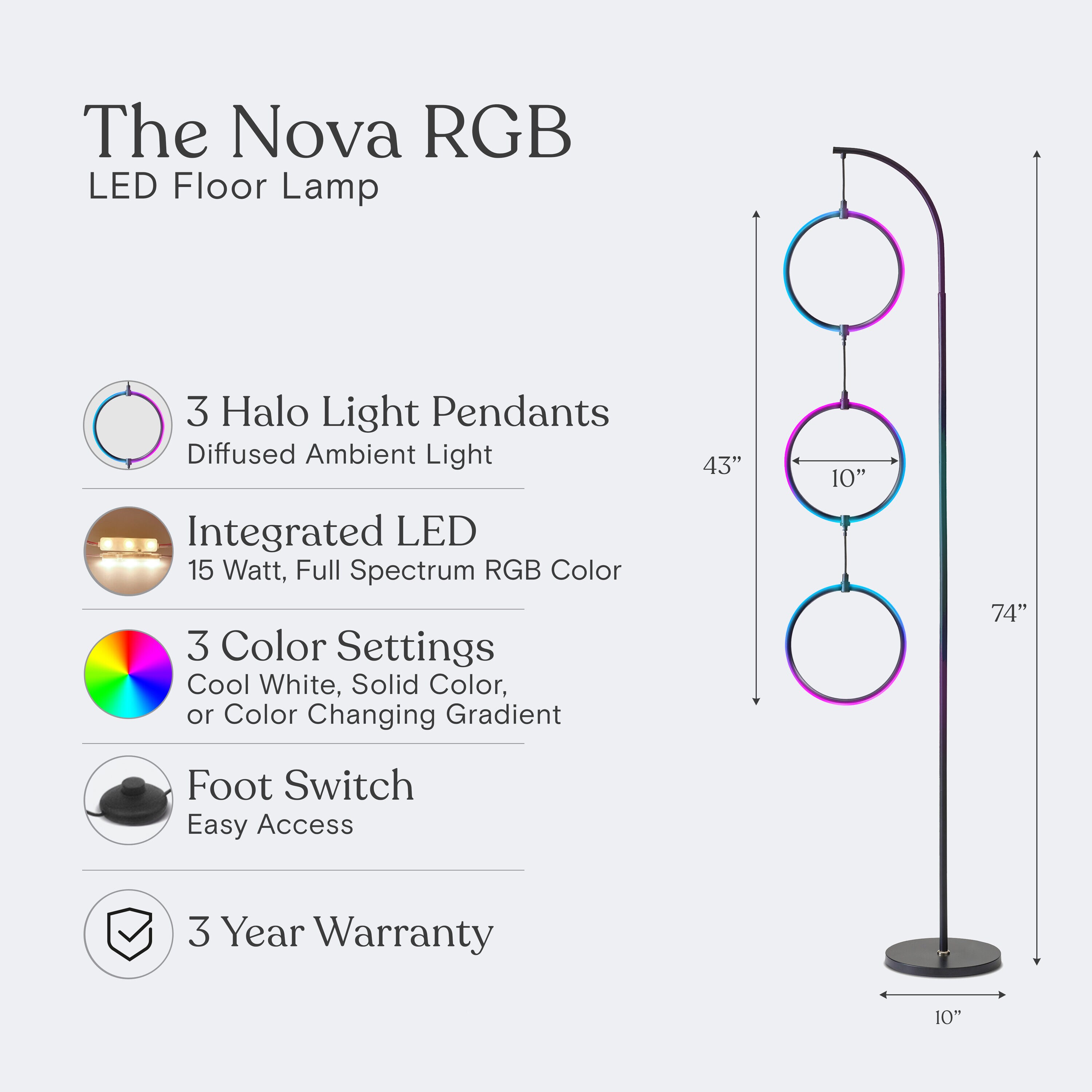 Nova 74" Black Arc LED Floor Lamp with RGB Color Changing Rings