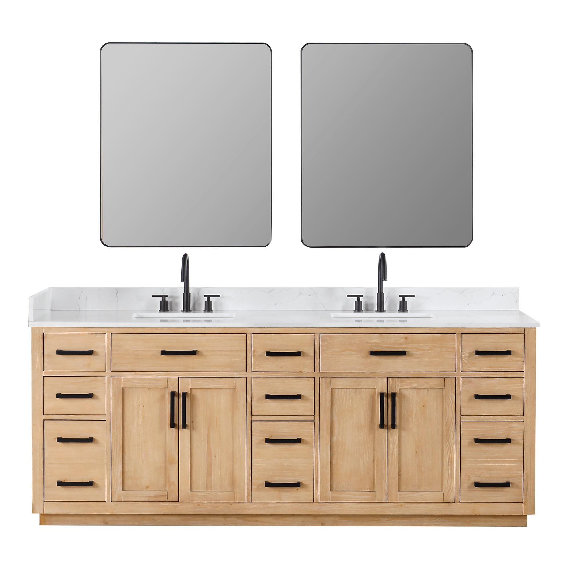 Gavino 84" Light Brown Double Vanity with White Stone Countertop and Mirror