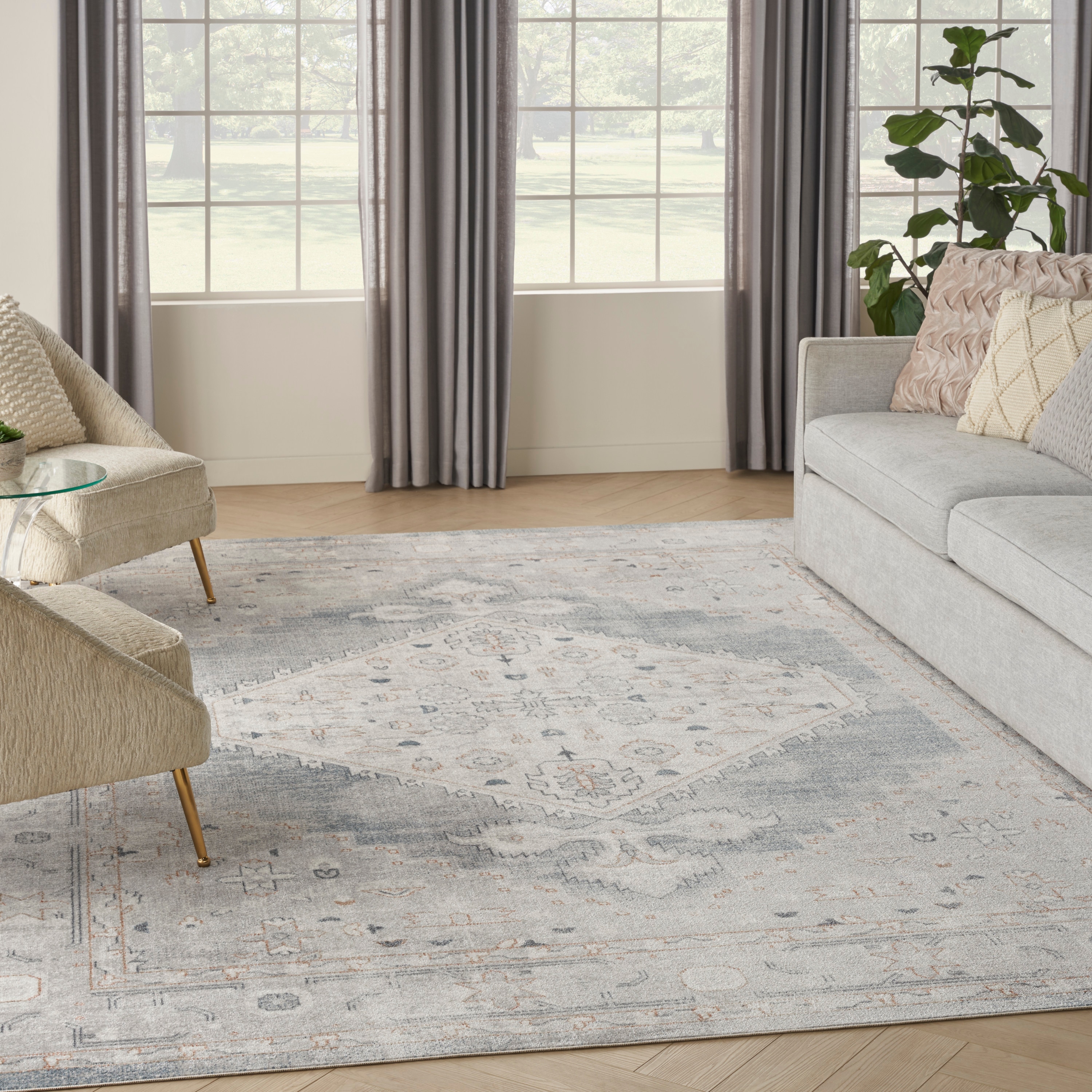 Nourison 099446124746 Astra Machine Washable 9 x 12 (ft) Loomed Polyester Light Blue Rectangular Indoor Distressed/Overdyed Vintage Machine washable Area rug