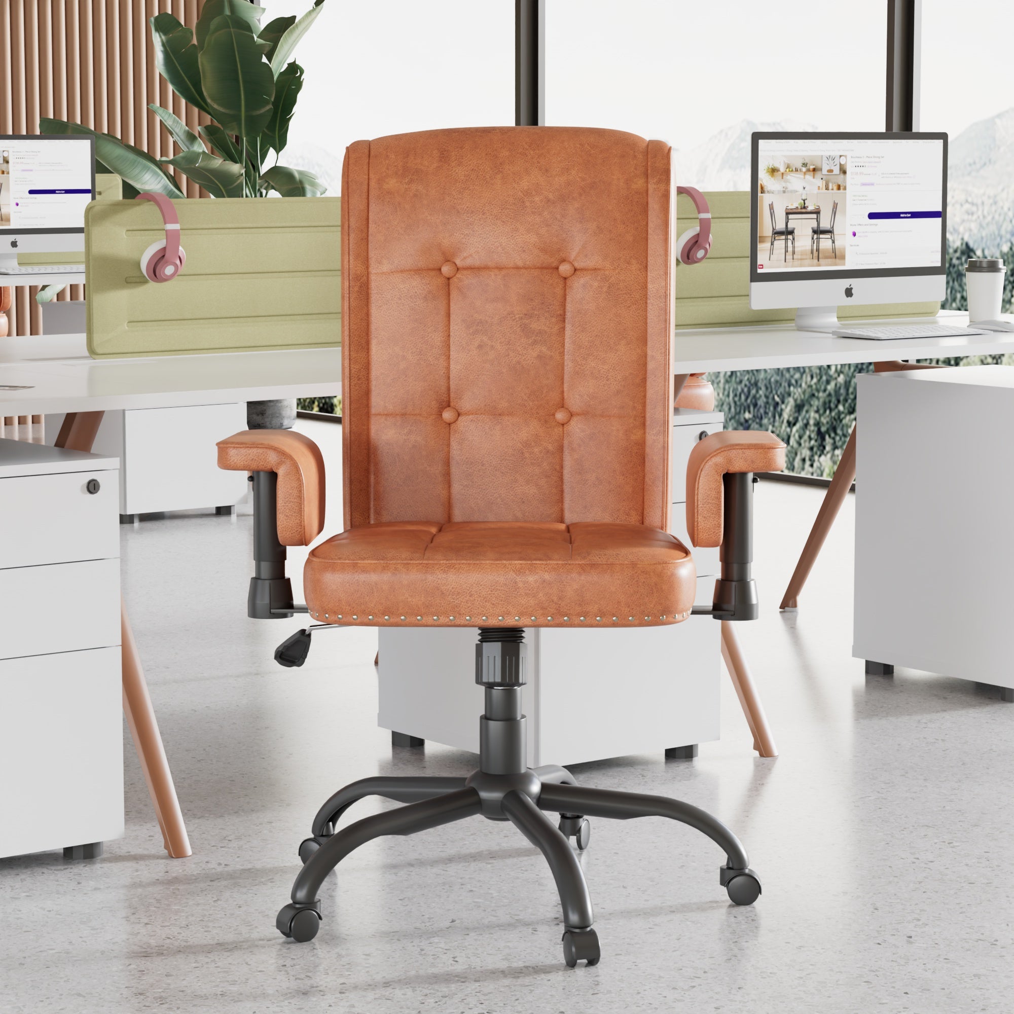 Vecelo LOE-CC09-DBN Office Desk Chair With High Back Support Armrests Nailhead Trim