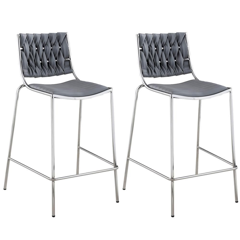 Chintaly Imports TAYLOR-CS-GRY Taylor Set of 2 Gray/Polished Stainless Steel Counter Height Upholstered Bar Stool
