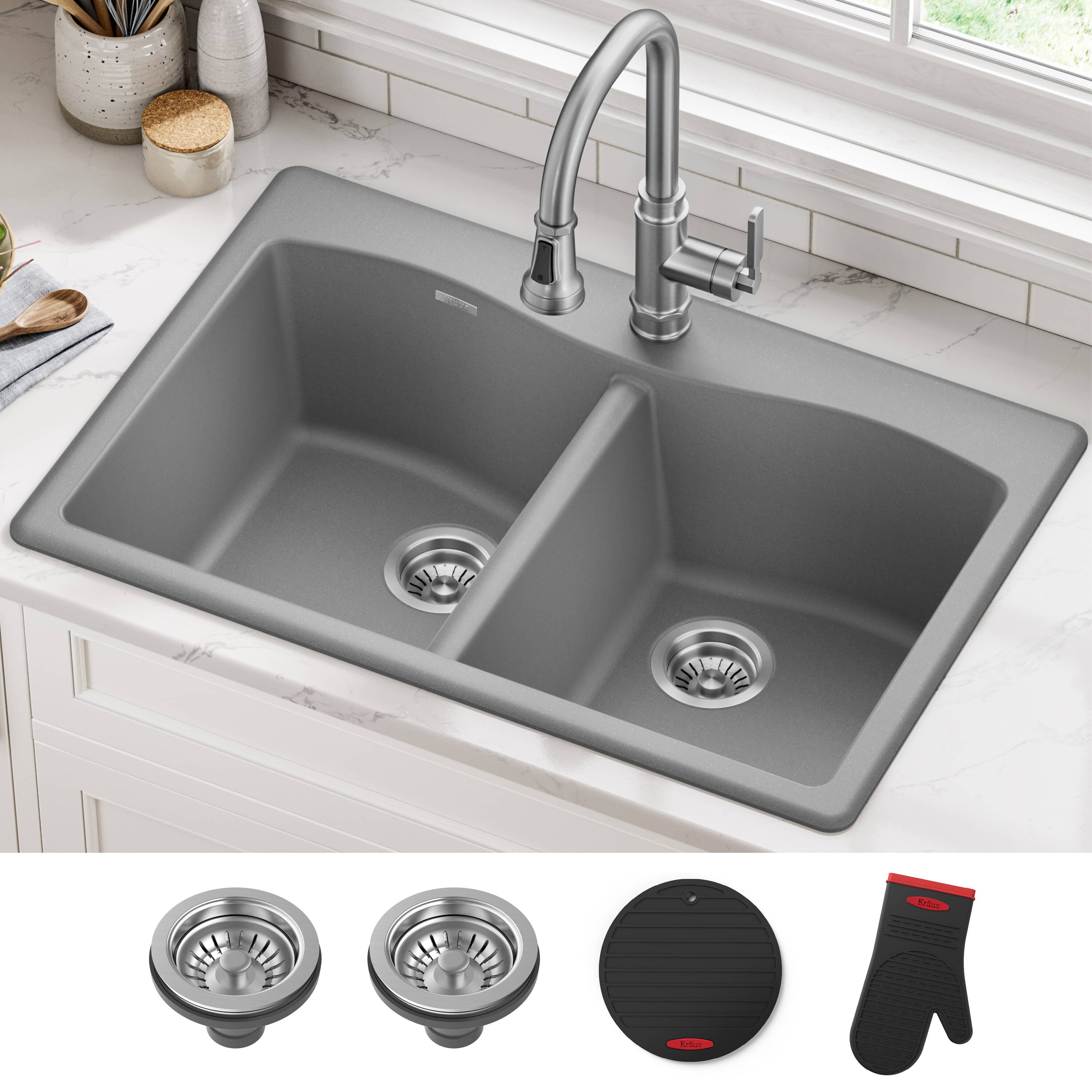 Kraus KGD-52GREY Forteza Dual-mount 33-in x 22.0-in Granite Double equal bowl 1-Hole Kitchen Sink